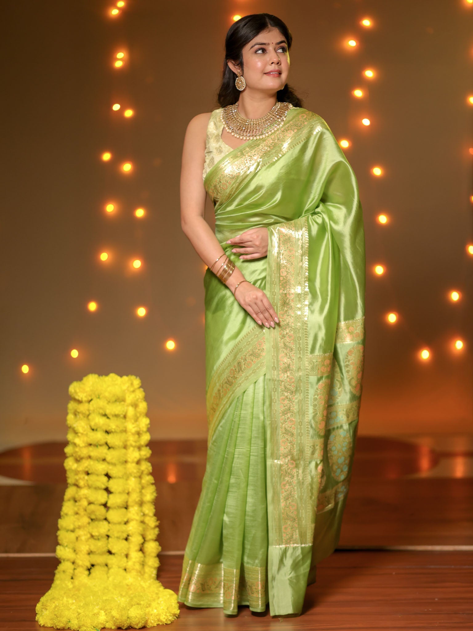 Banarasi Plain Silk Saree With Weaving- Green