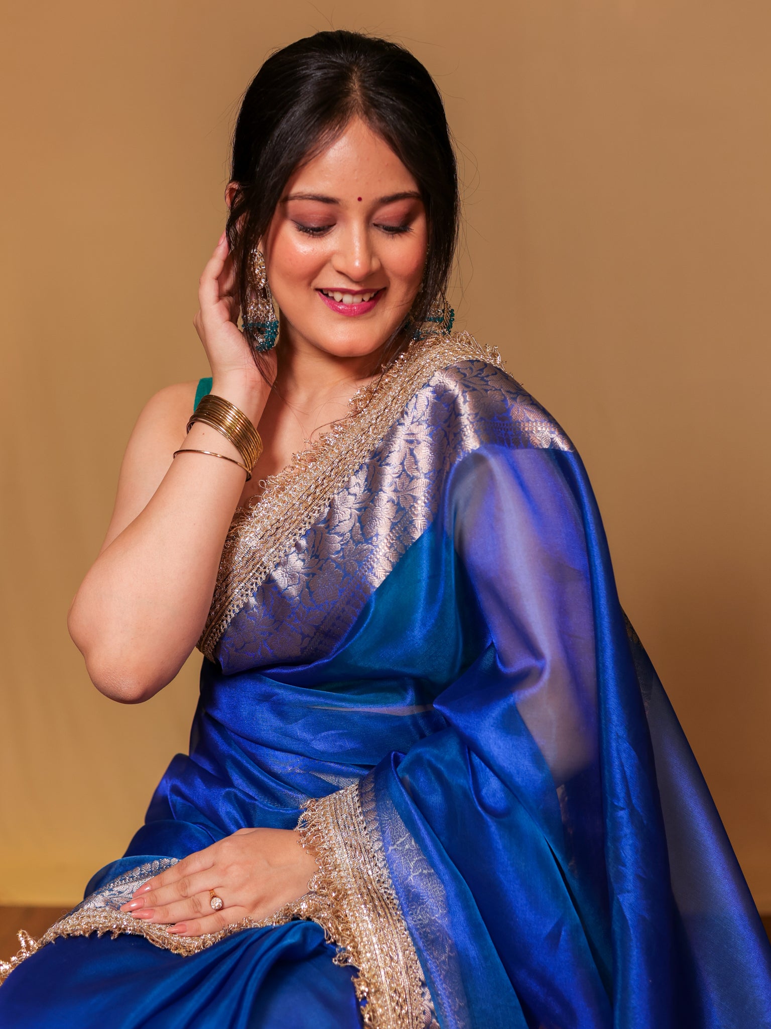 Banarasi Tissue Saree With Zari Weaving & Lace Border - Blue