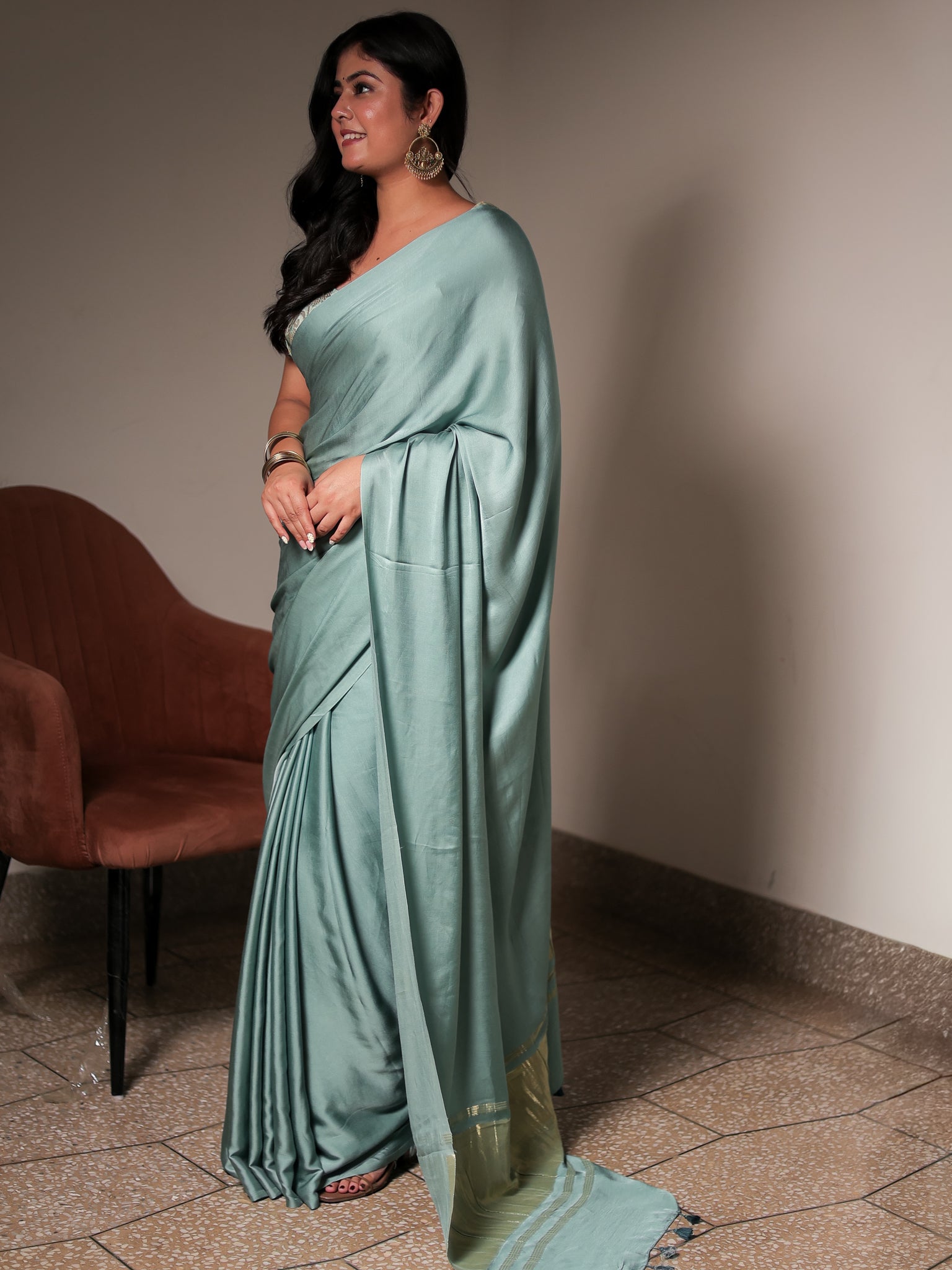 Pastel Blue Plain Modal Lagdi Patta Saree
