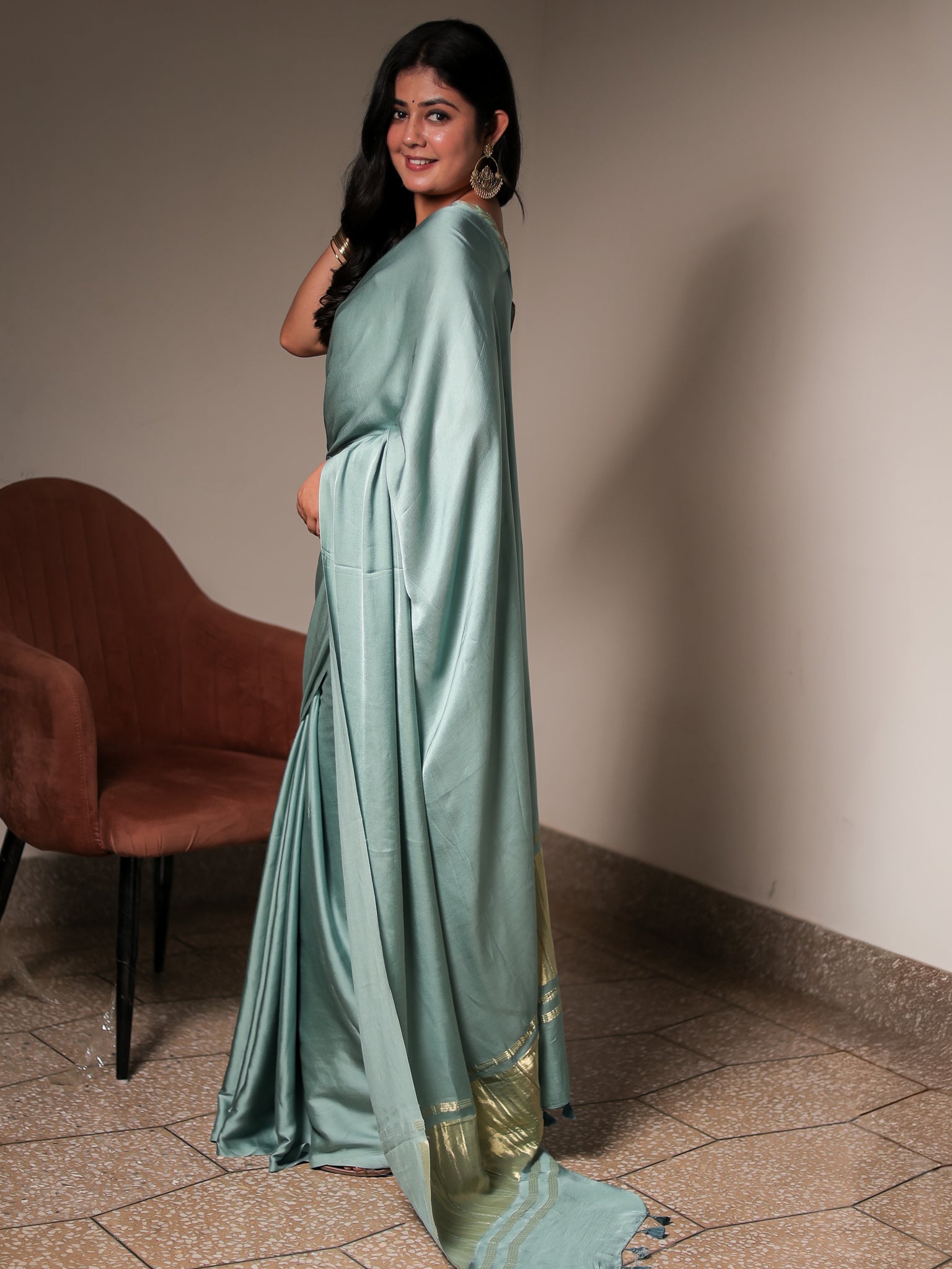 Pastel Blue Plain Modal Lagdi Patta Saree