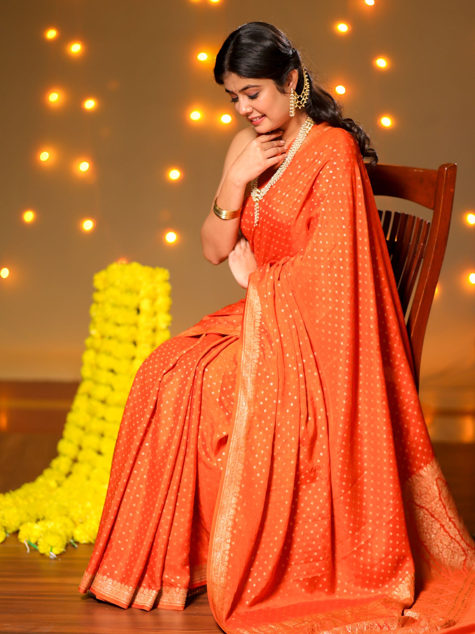 Banarasi Pure Khaddi Georgette Saree With Antique Zari Buti Weaving- Orange