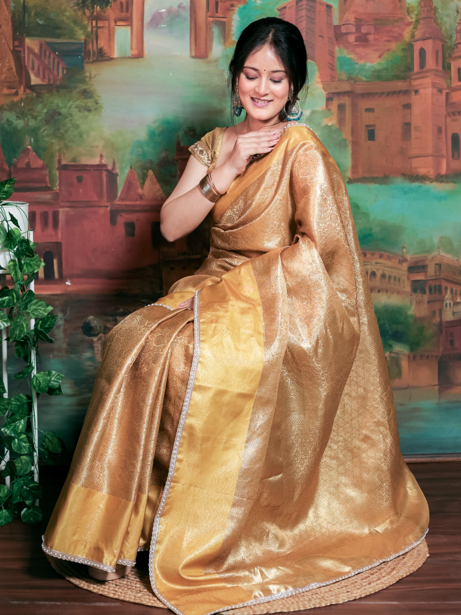 Banarasi Soft Tissue Saree With Floral Zari Weaving & Lace Border - Gold