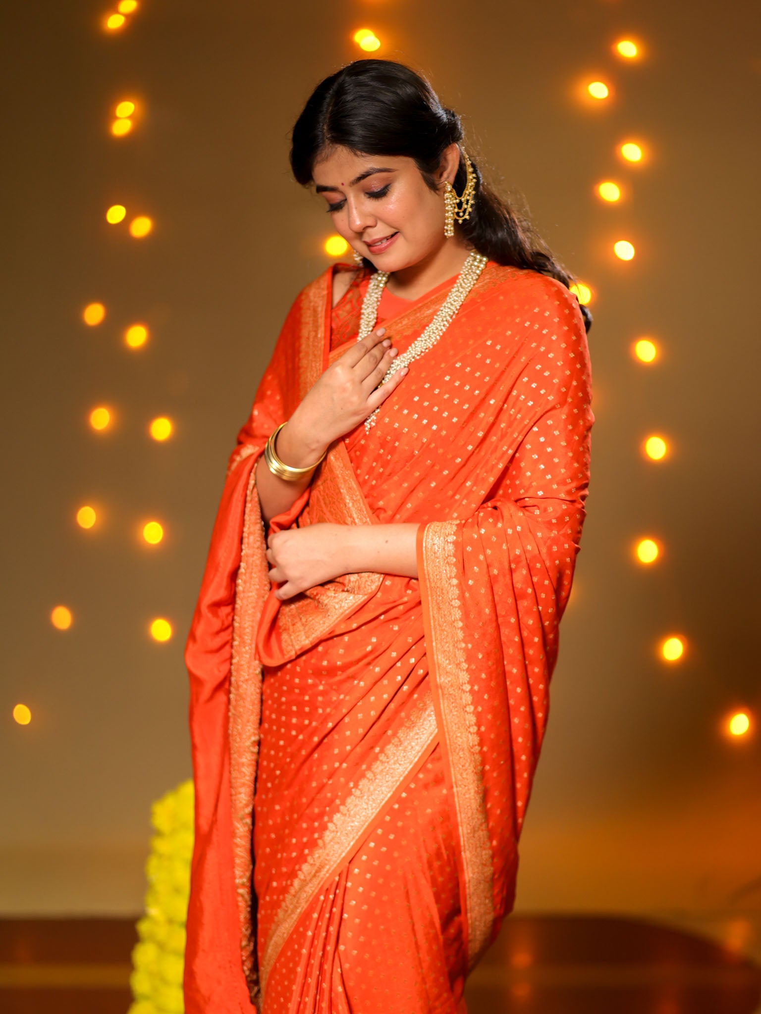 Banarasi Pure Khaddi Georgette Saree With Antique Zari Buti Weaving- Orange