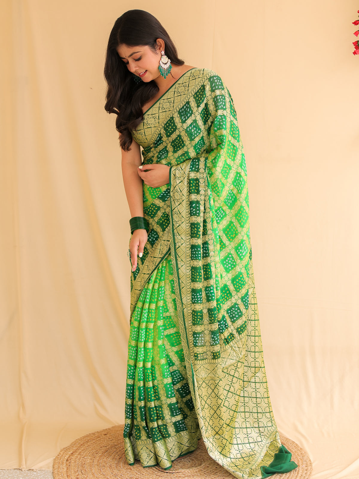 Green Pure Banarasi Georgette Bandhej Saree with Zari Jaal Weaving