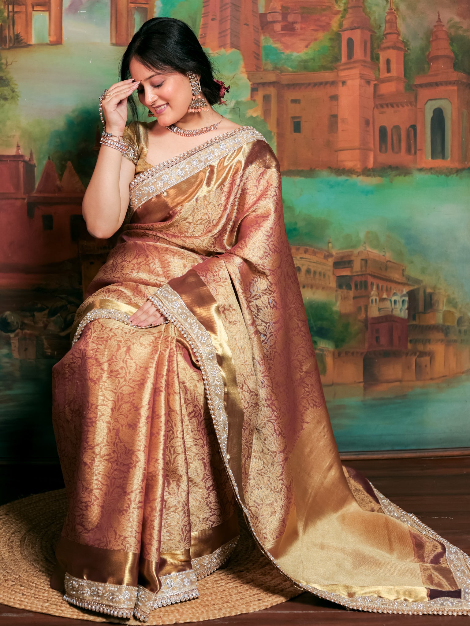 Banarasi Tissue Saree With Floral Zari Weaving & Lace Border - Peach