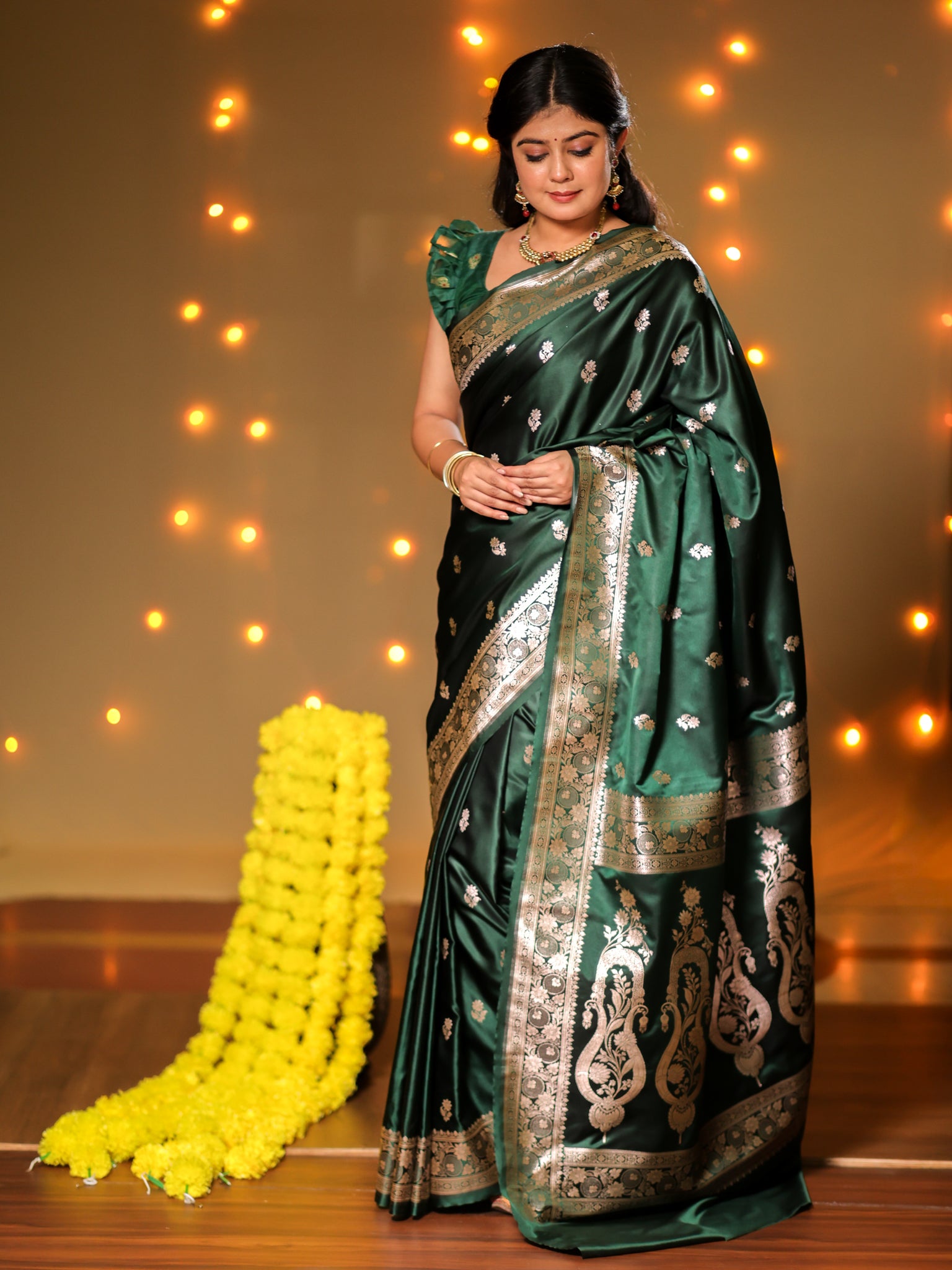 Banarasi Mashru Silk Saree With Buti & Border- Green