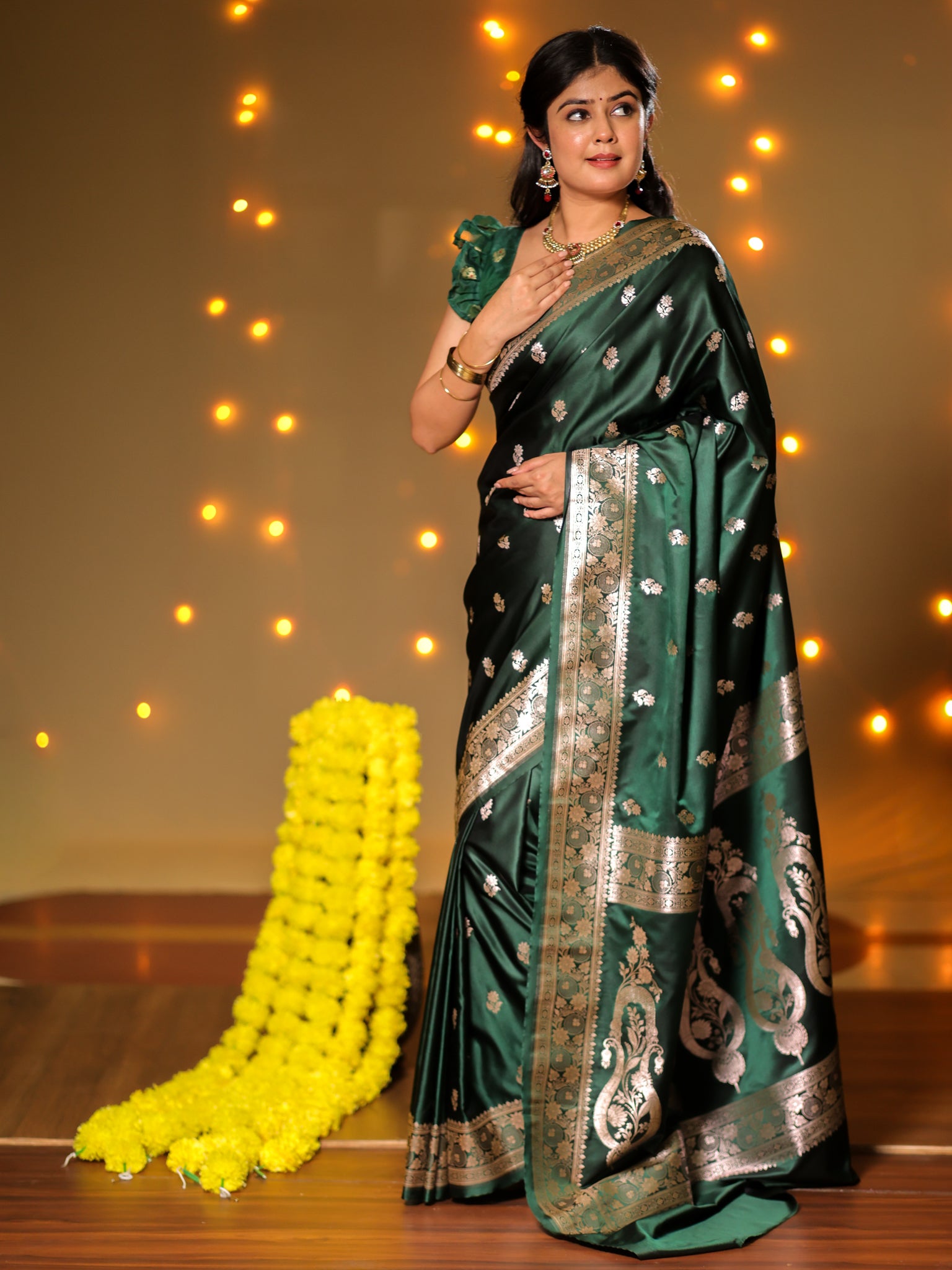 Banarasi Mashru Silk Saree With Buti & Border- Green