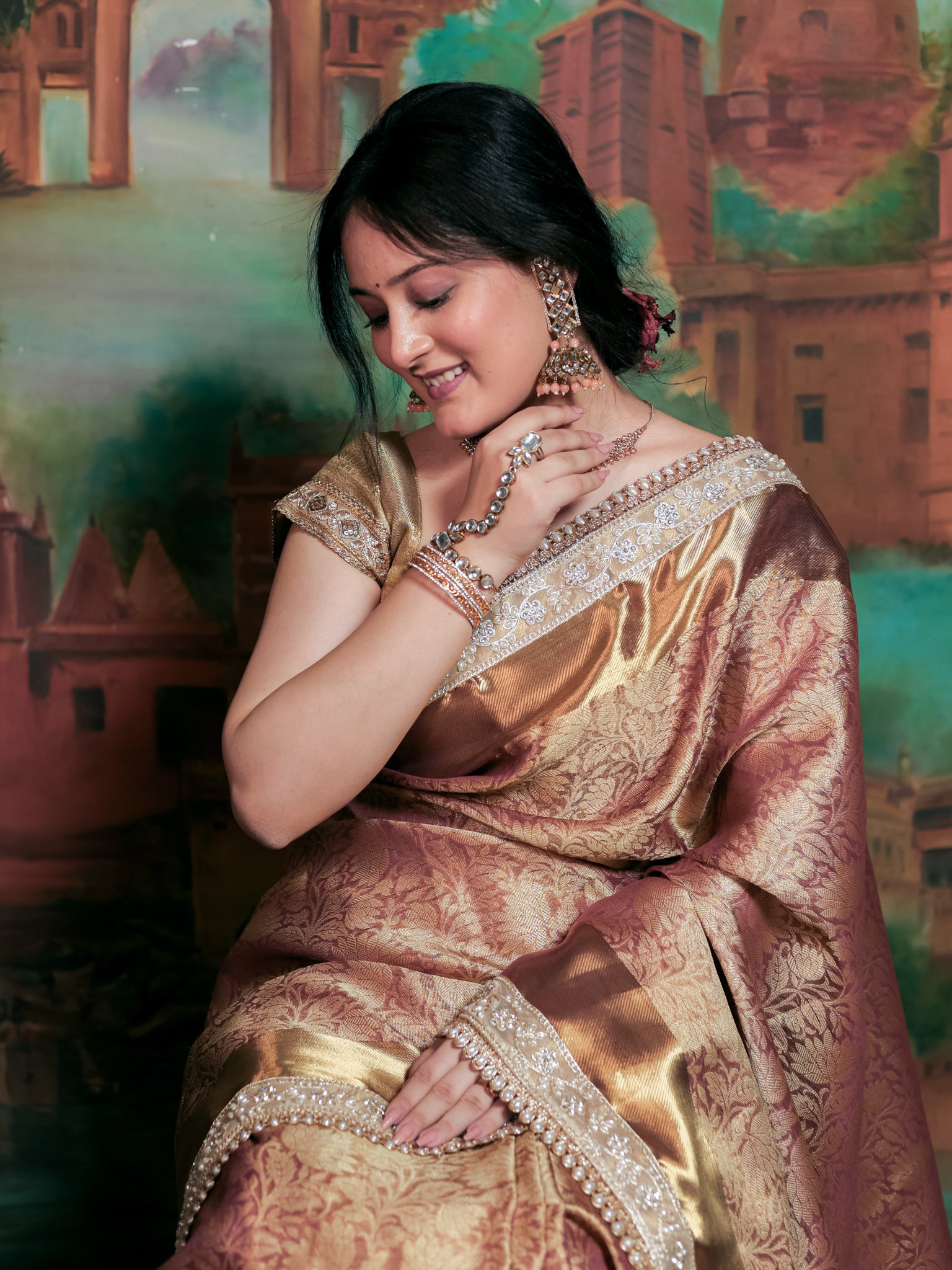 Banarasi Tissue Saree With Floral Zari Weaving & Lace Border - Peach