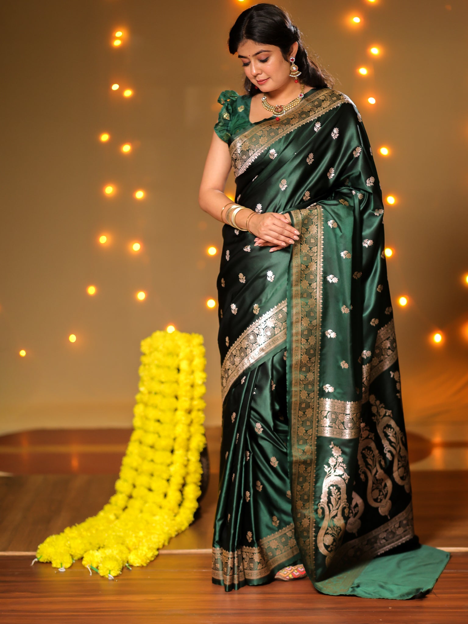 Banarasi Mashru Silk Saree With Buti & Border- Green