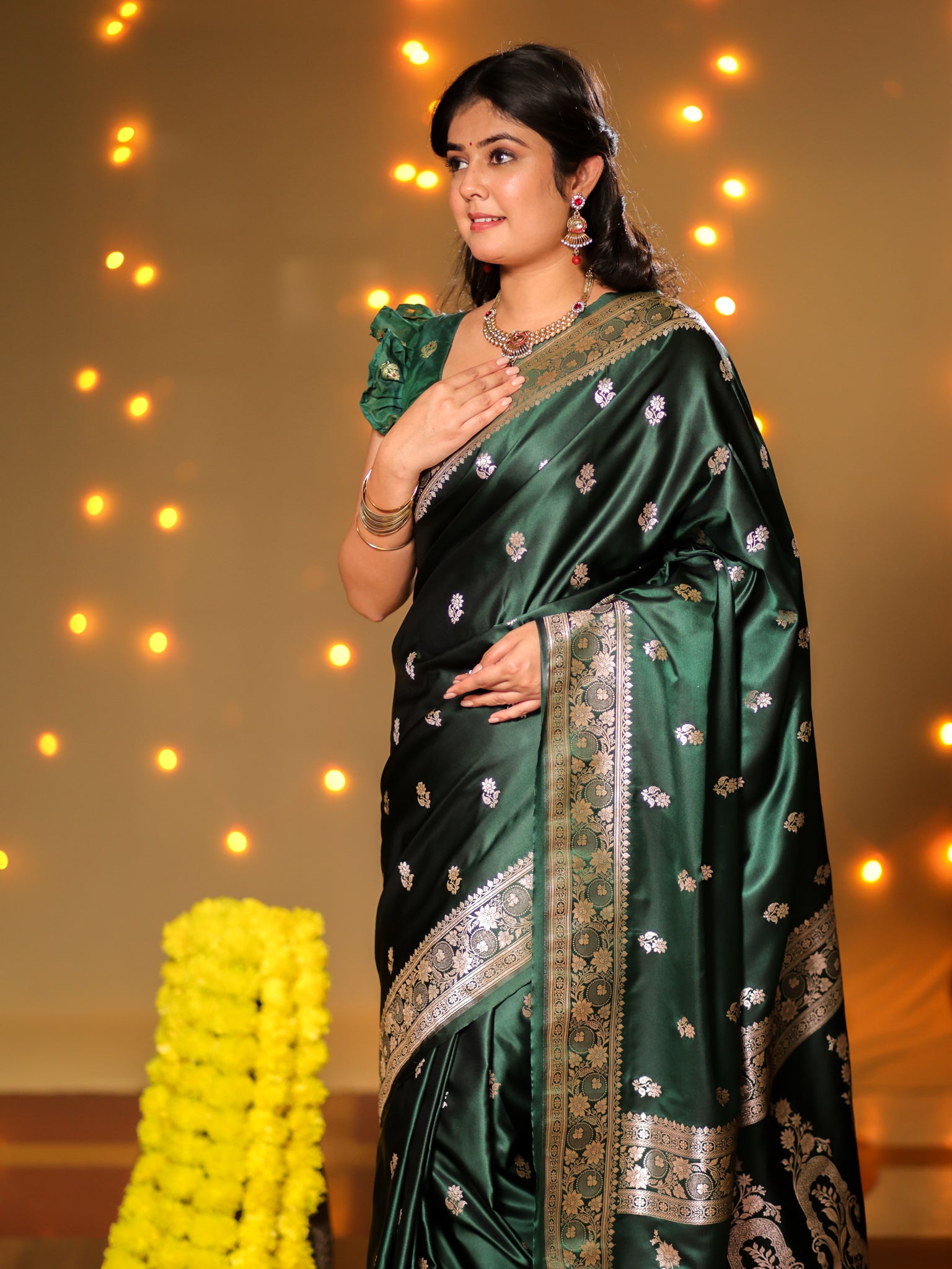 Banarasi Mashru Silk Saree With Buti & Border- Green