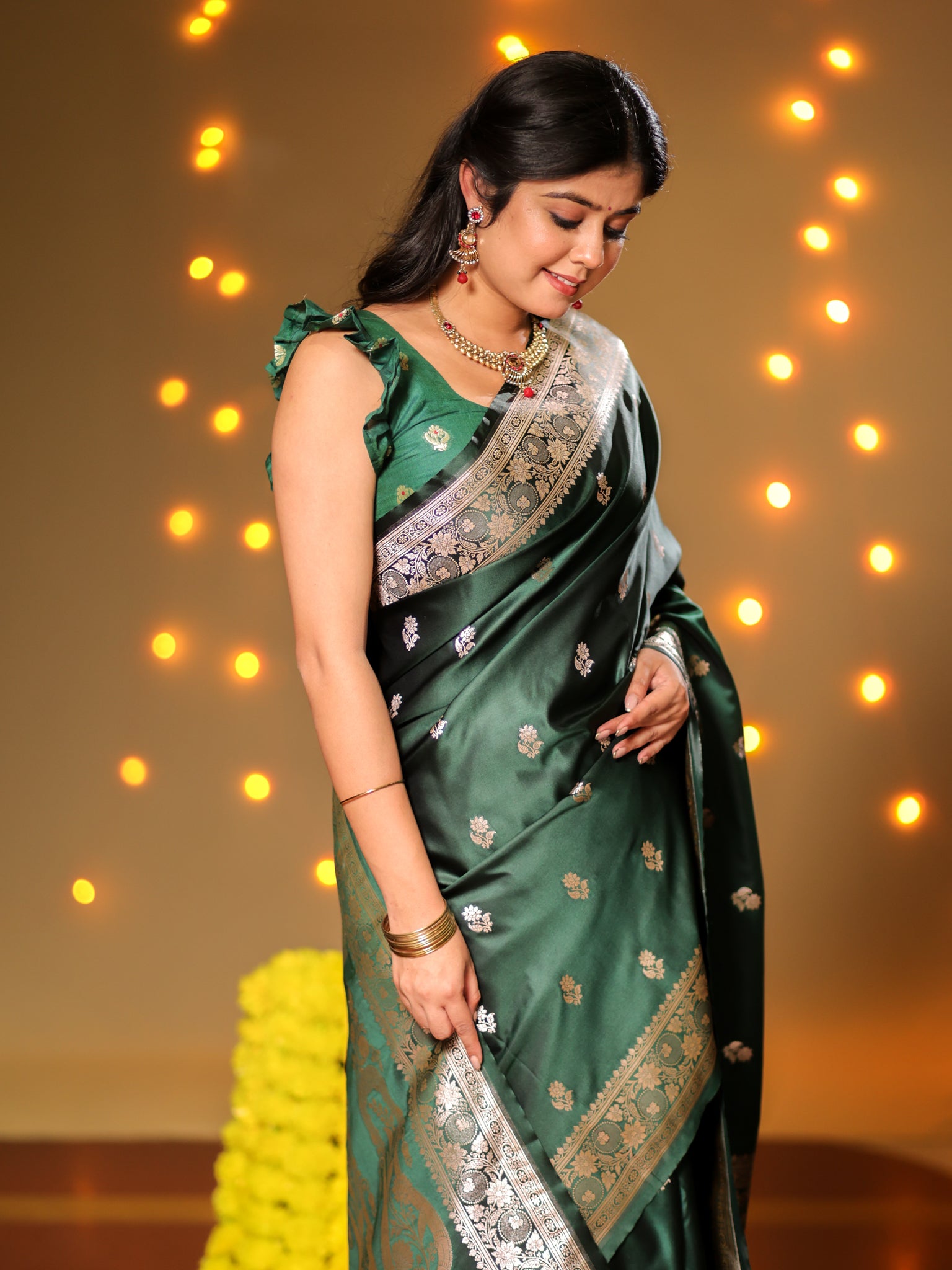 Banarasi Mashru Silk Saree With Buti & Border- Green