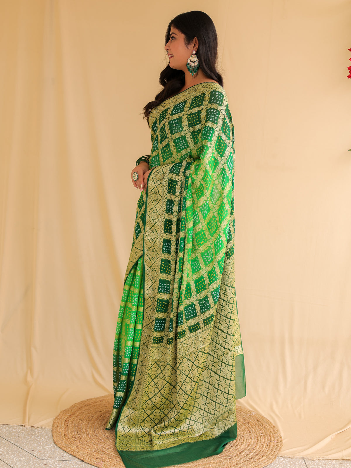 Green Pure Banarasi Georgette Bandhej Saree with Zari Jaal Weaving