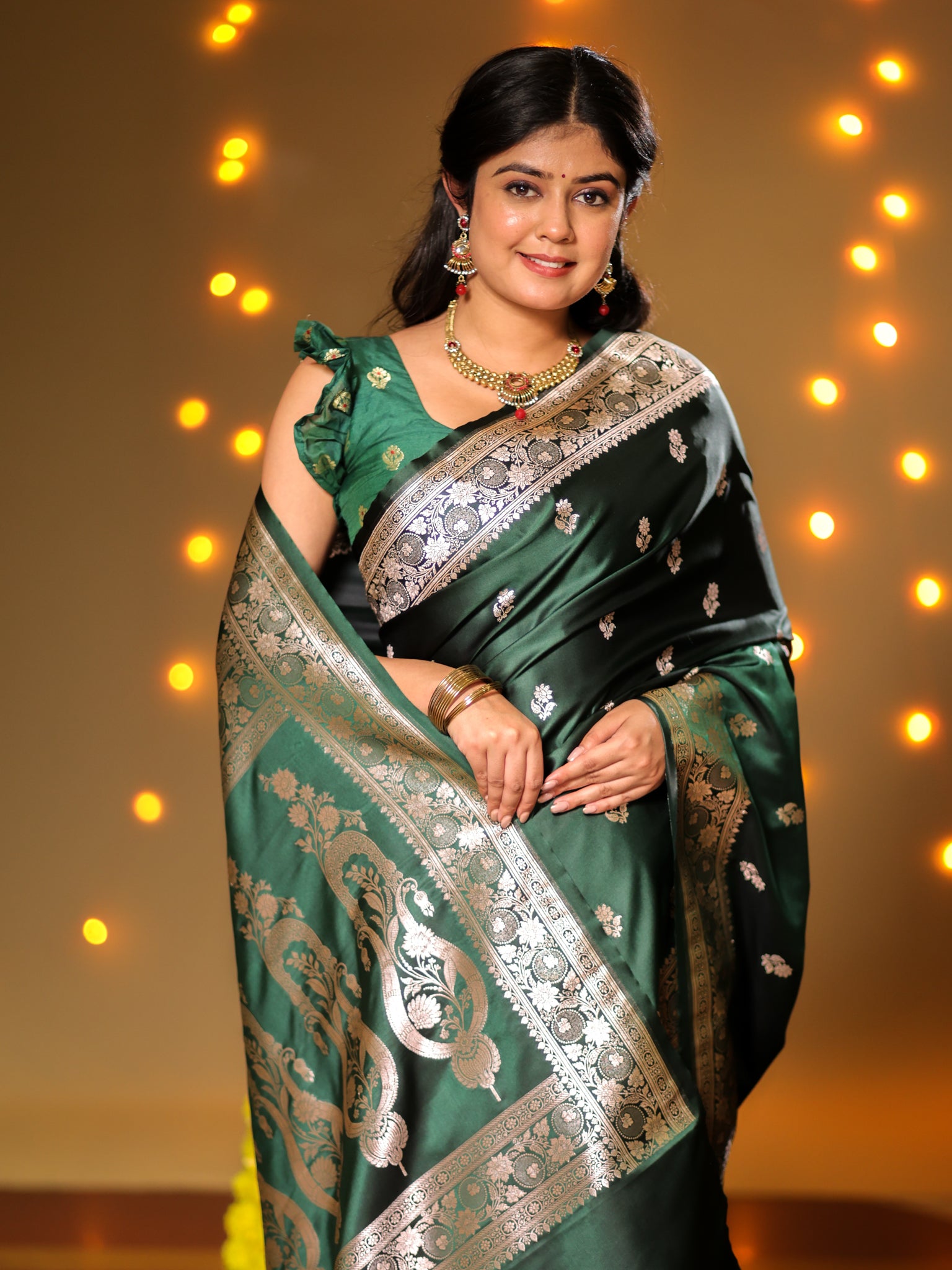 Banarasi Mashru Silk Saree With Buti & Border- Green