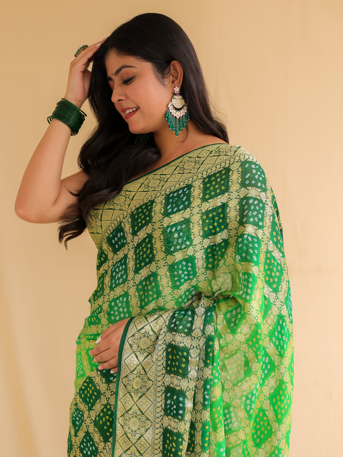Green Pure Banarasi Georgette Bandhej Saree with Zari Jaal Weaving