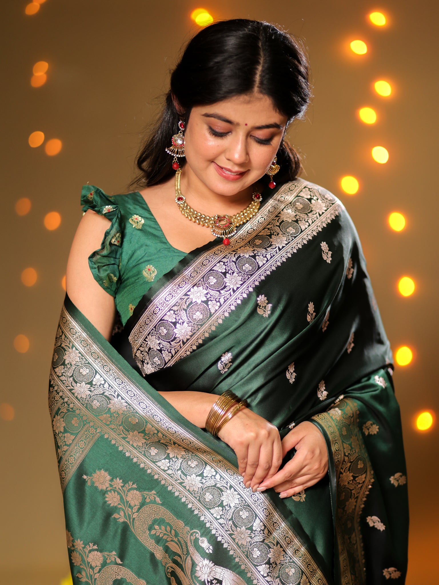 Banarasi Mashru Silk Saree With Buti & Border- Green