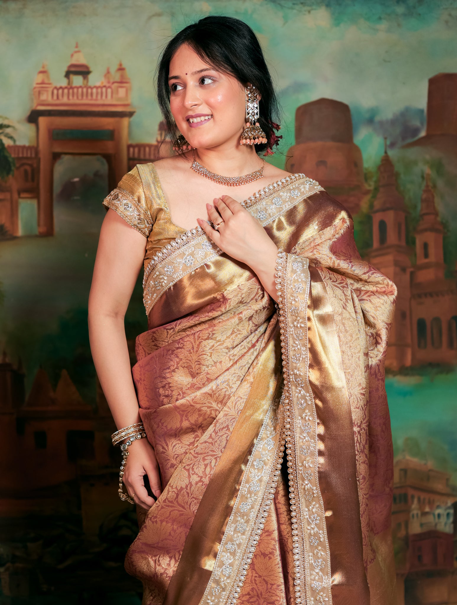 Banarasi Tissue Saree With Floral Zari Weaving & Lace Border - Peach