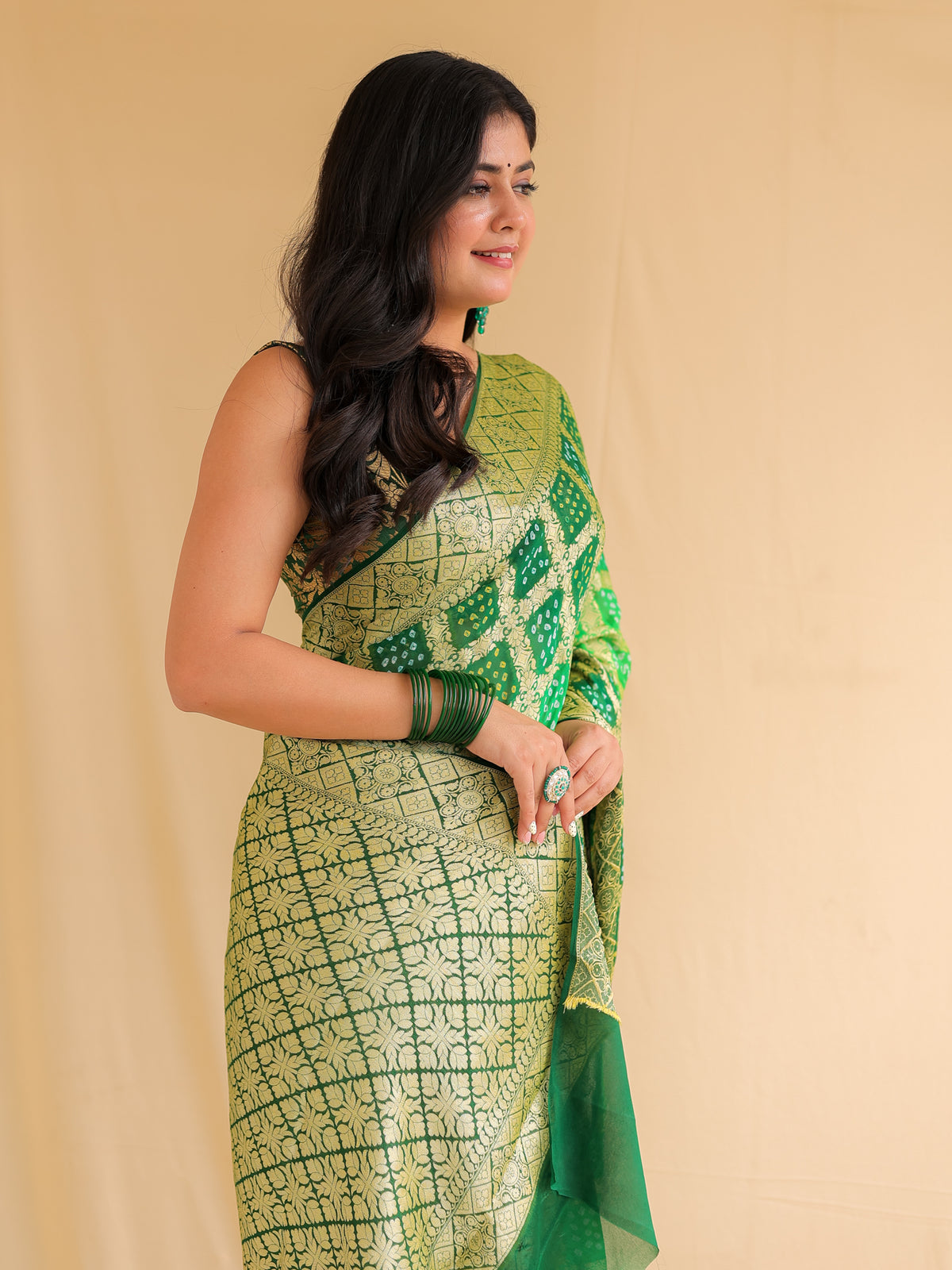 Green Pure Banarasi Georgette Bandhej Saree with Zari Jaal Weaving