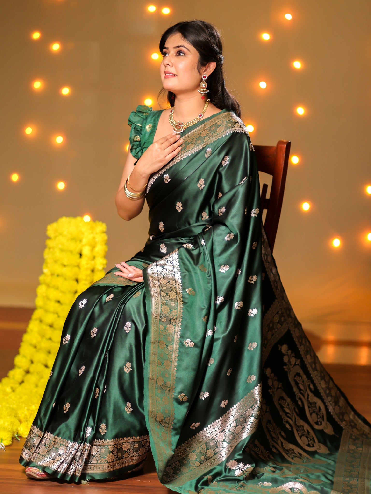 Banarasi Mashru Silk Saree With Buti & Border- Green