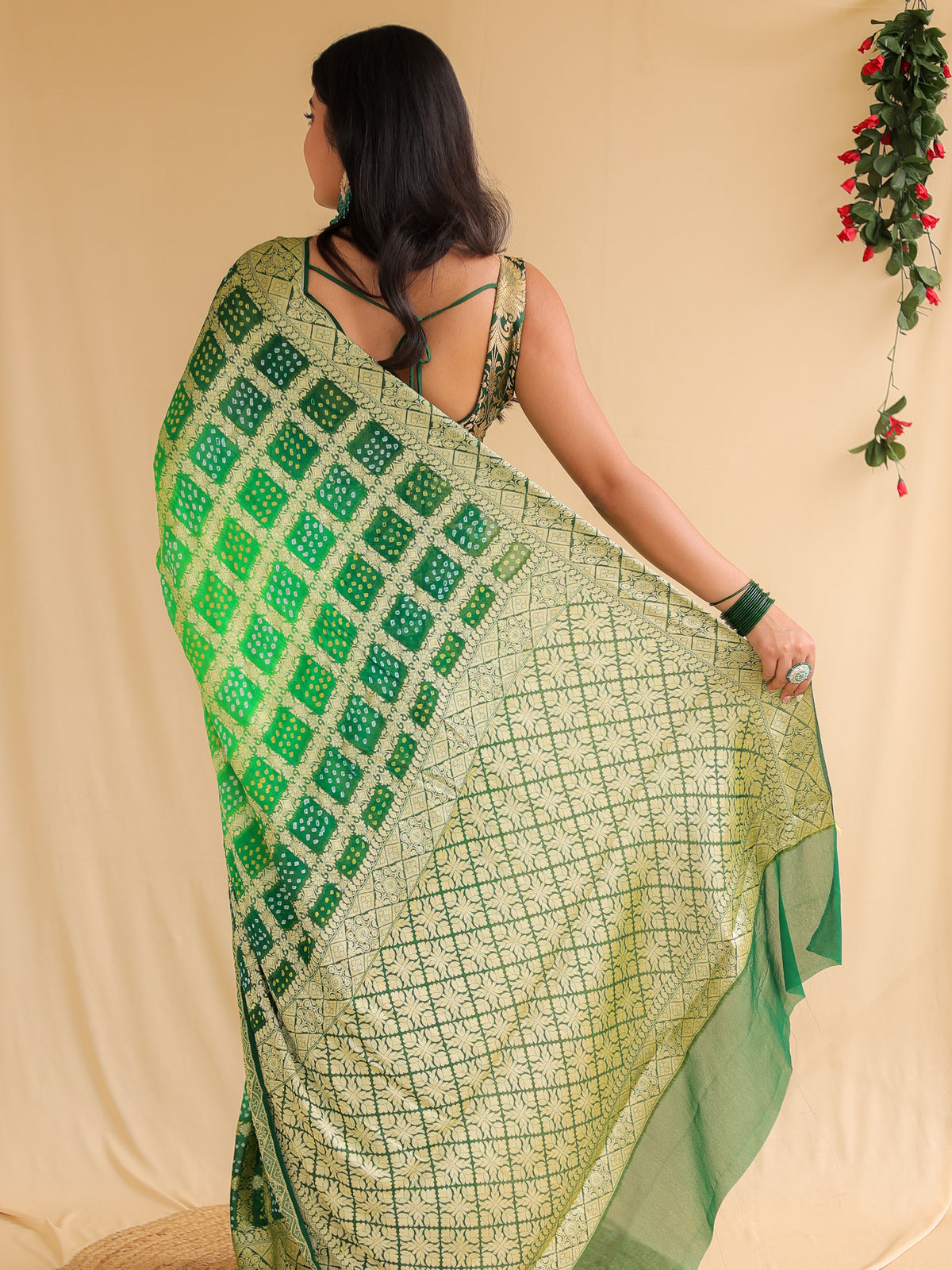Green Pure Banarasi Georgette Bandhej Saree with Zari Jaal Weaving