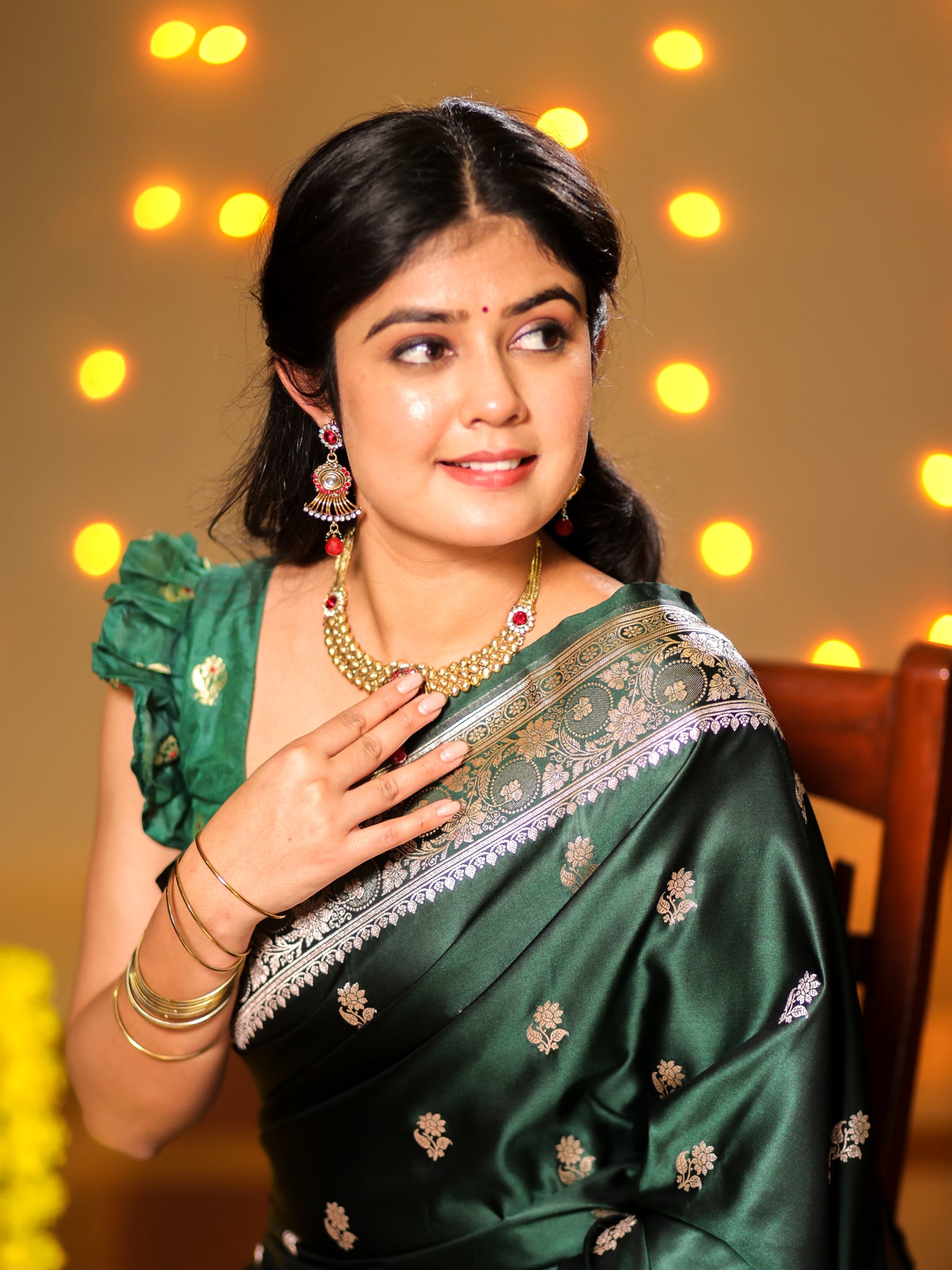 Banarasi Mashru Silk Saree With Buti & Border- Green