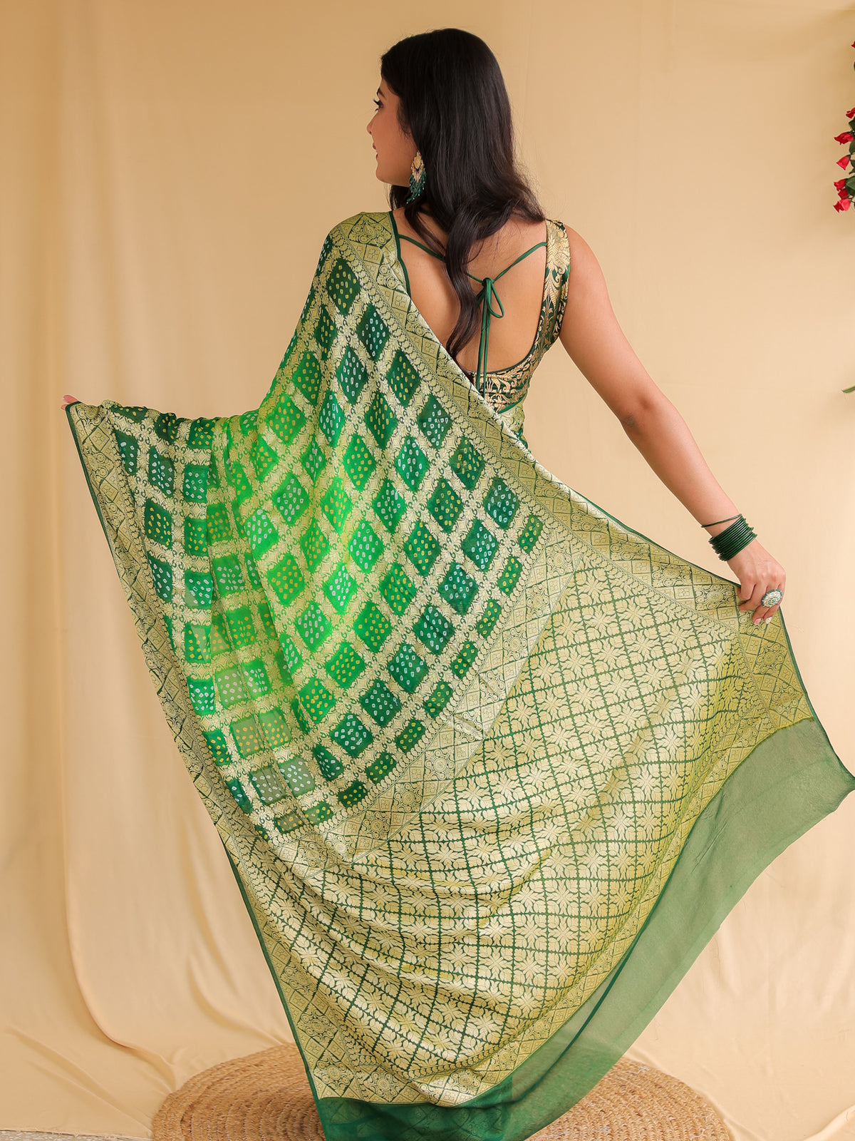 Green Pure Banarasi Georgette Bandhej Saree with Zari Jaal Weaving