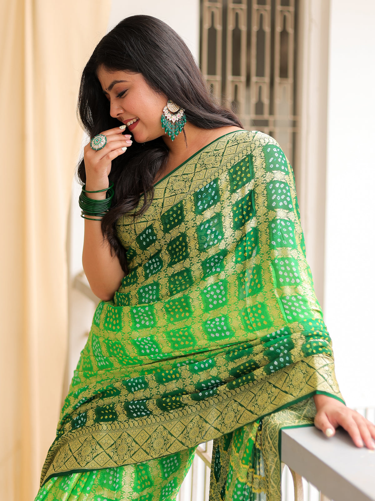 Green Pure Banarasi Georgette Bandhej Saree with Zari Jaal Weaving