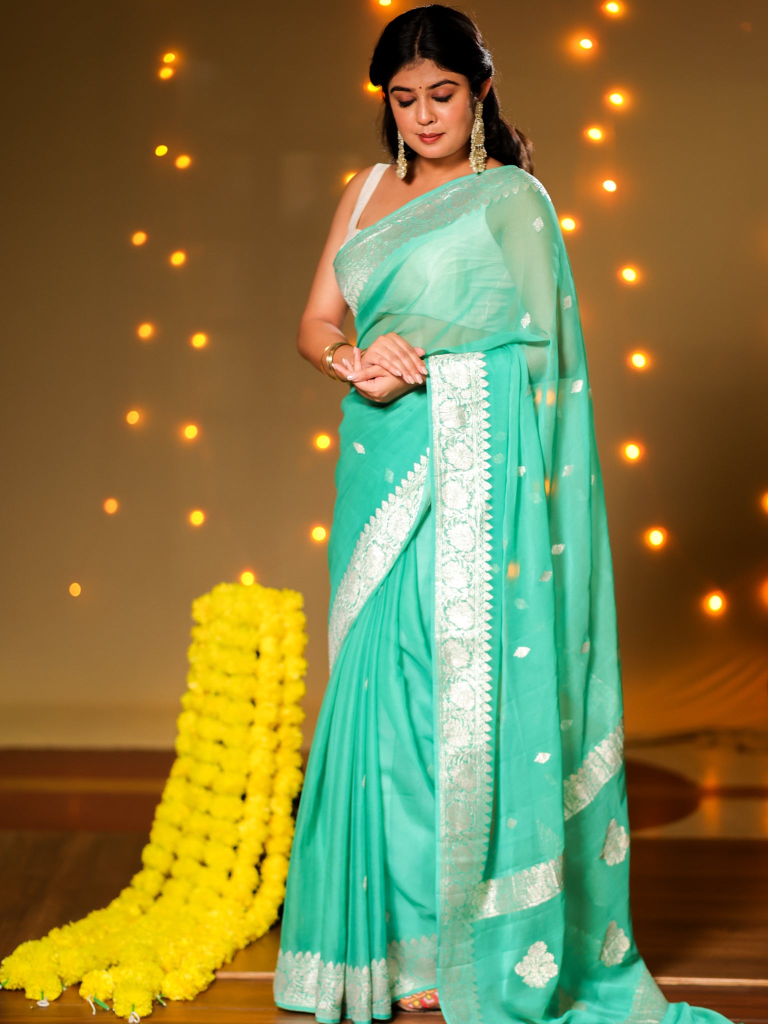 Banarasi Pure Khaddi Georgette Saree With Buti Weaving- Aqua Blue