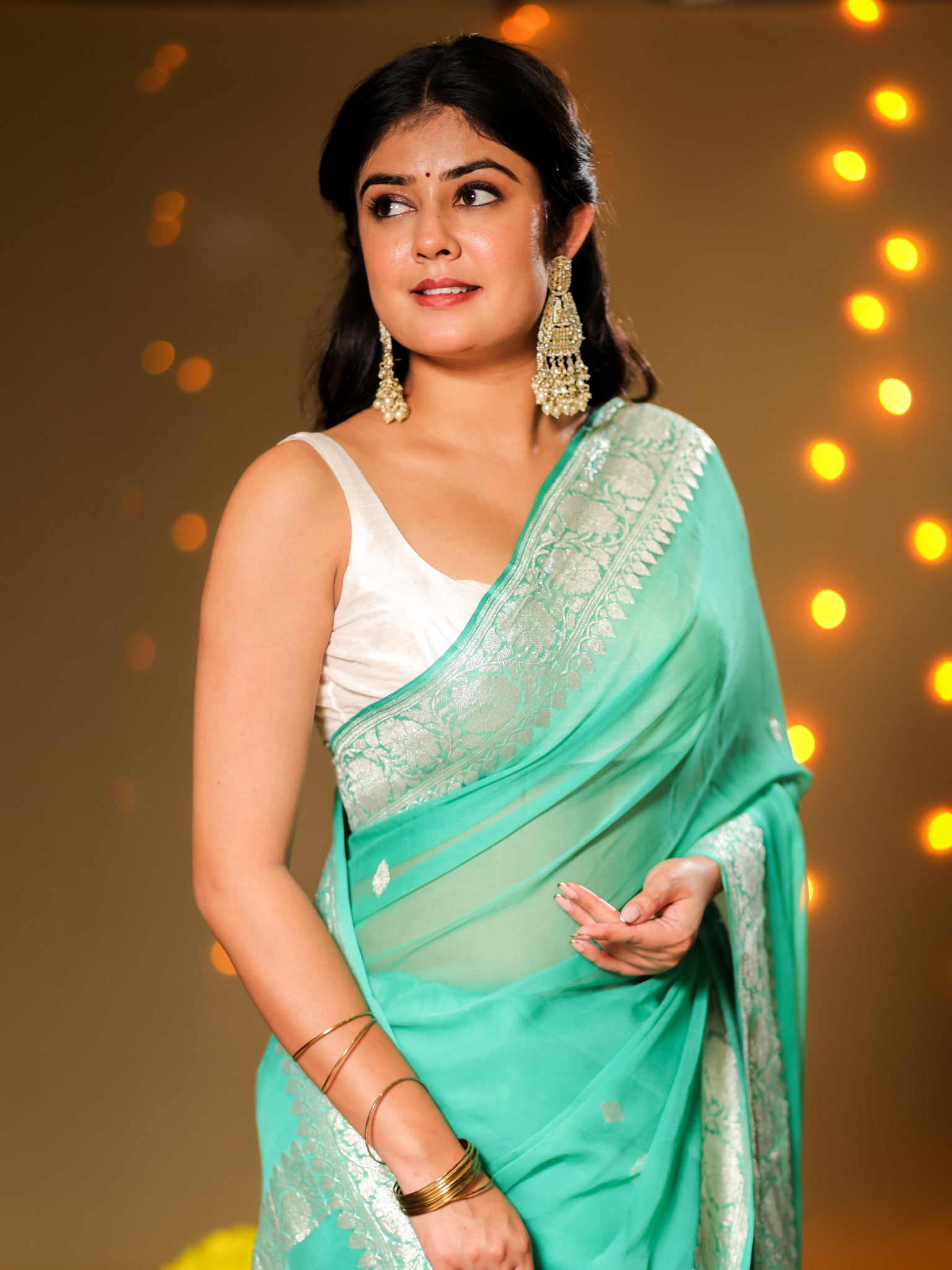 Banarasi Pure Khaddi Georgette Saree With Buti Weaving- Aqua Blue