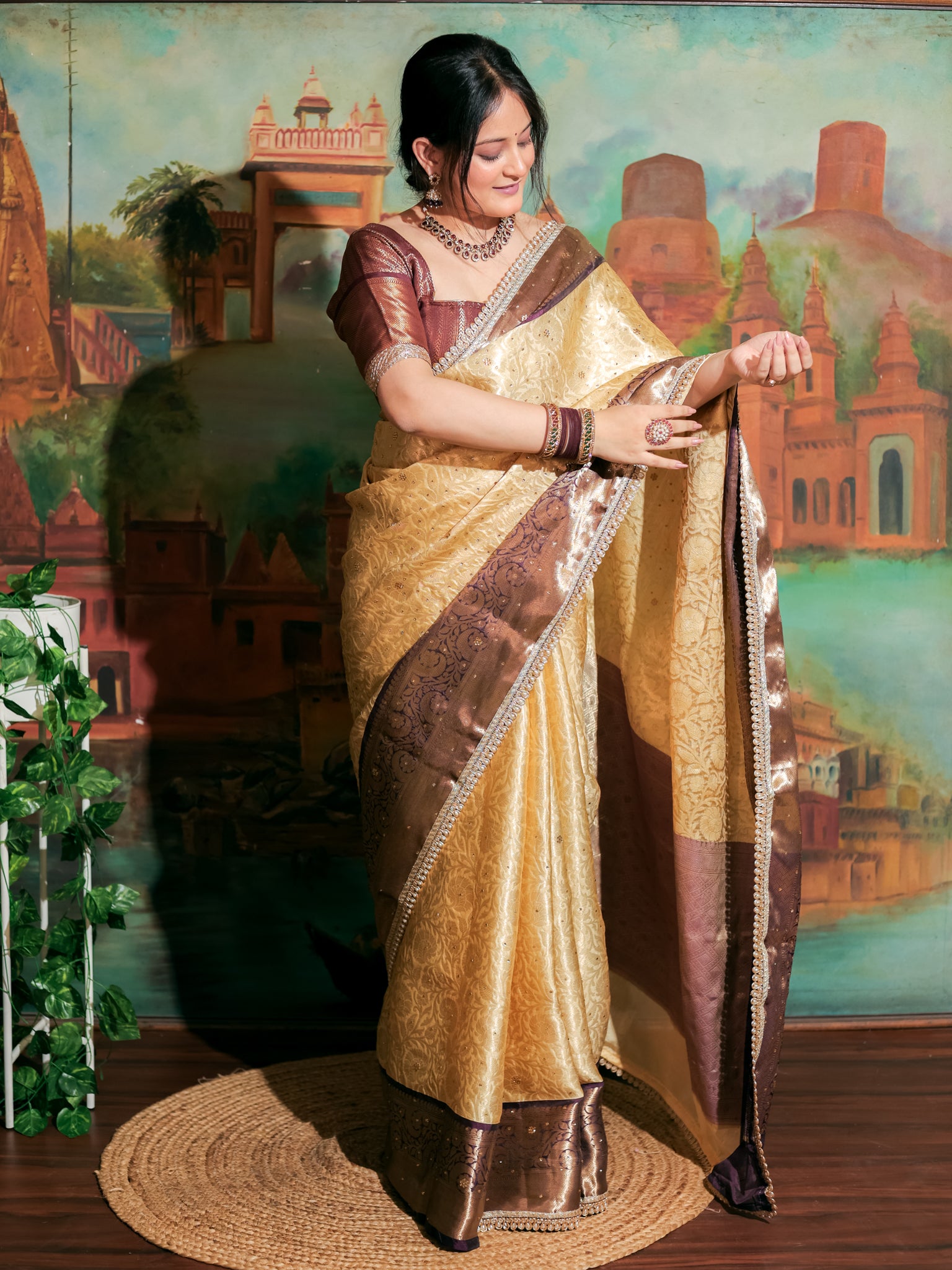 Banarasi Tissue Saree with Zari Weaving & Contrast Border With Lace- Beige