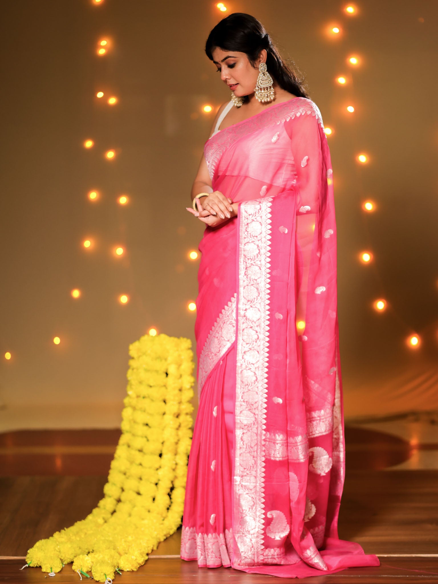 Banarasi Pure Khaddi Georgette Saree With Buti Weaving- Pink