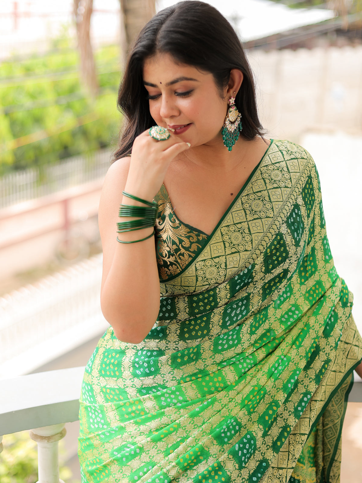 Green Pure Banarasi Georgette Bandhej Saree with Zari Jaal Weaving