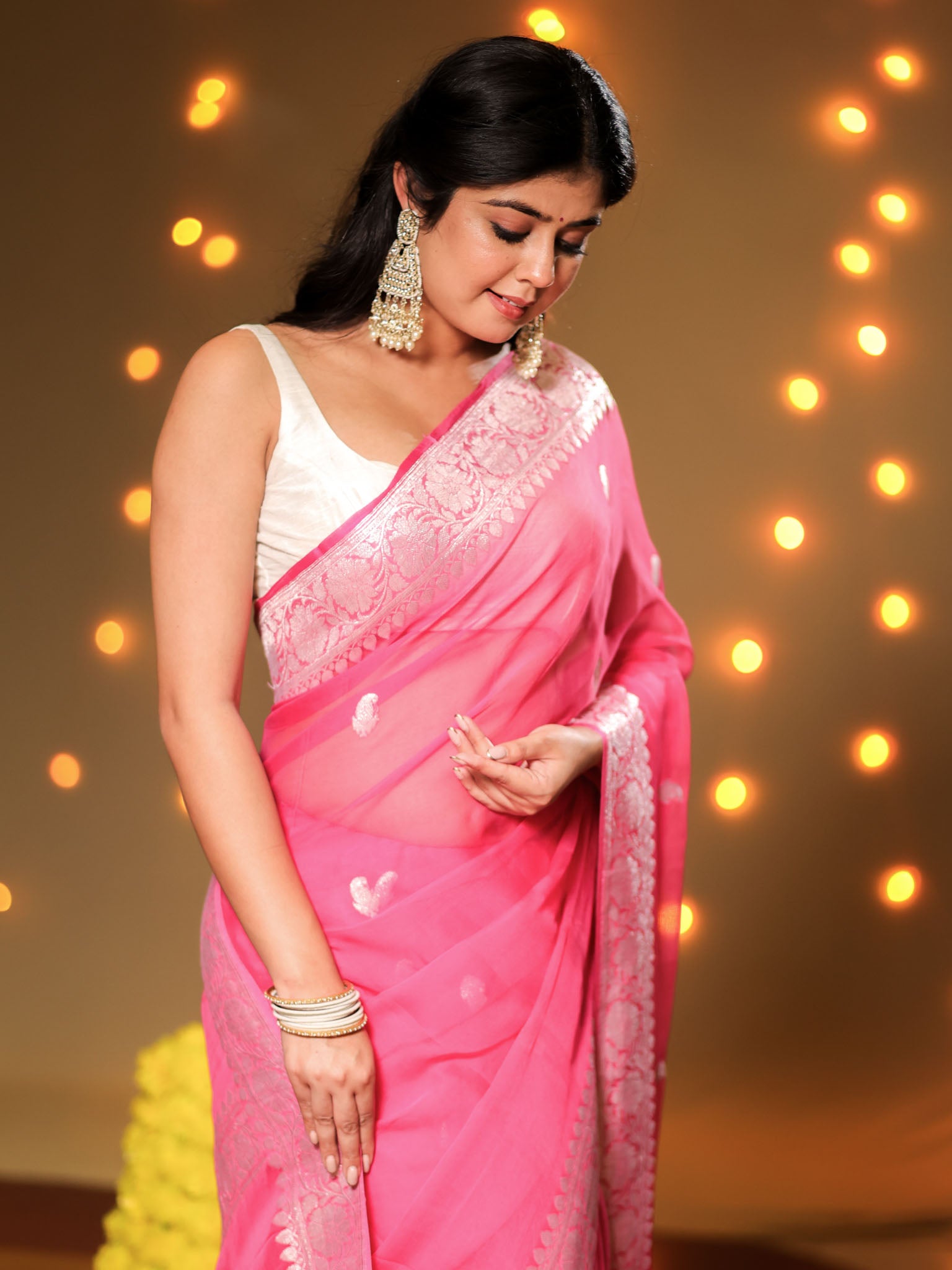 Banarasi Pure Khaddi Georgette Saree With Buti Weaving- Pink