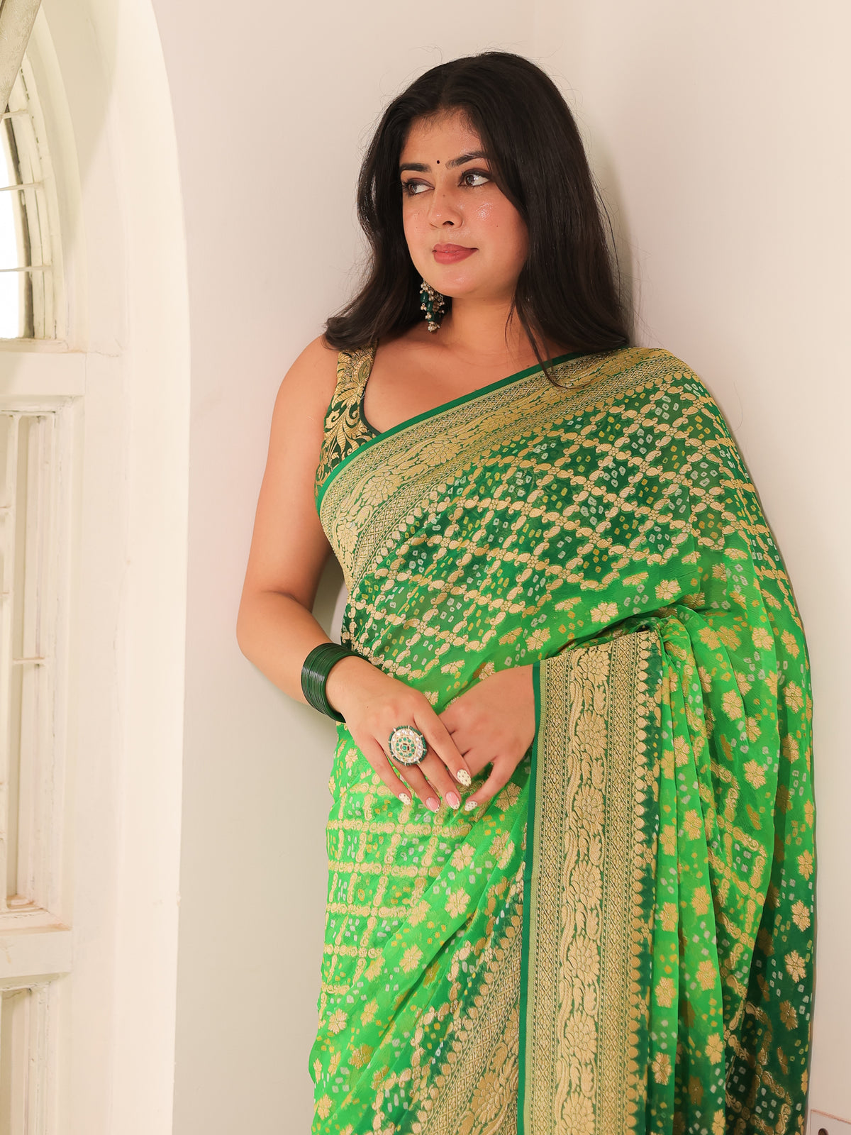 Green handloom Pure Banarasi Georgette Bandhej Saree with Zari Jaal Weaving