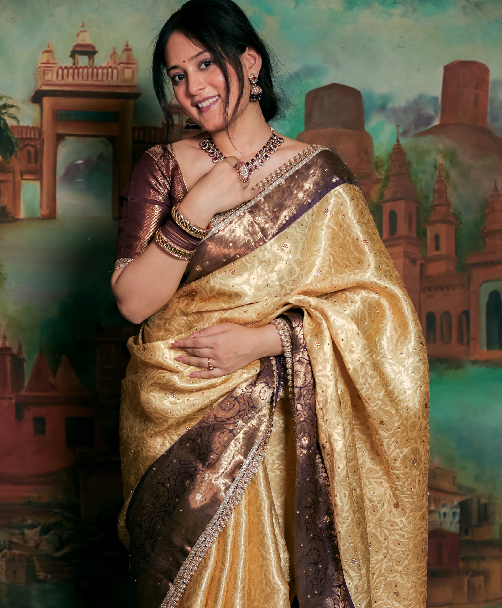 Banarasi Tissue Saree with Zari Weaving & Contrast Border With Lace- Beige