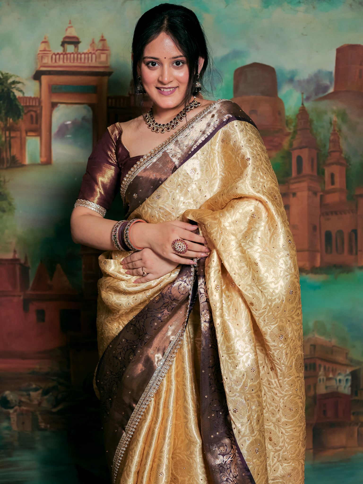 Banarasi Tissue Saree with Zari Weaving & Contrast Border With Lace- Beige