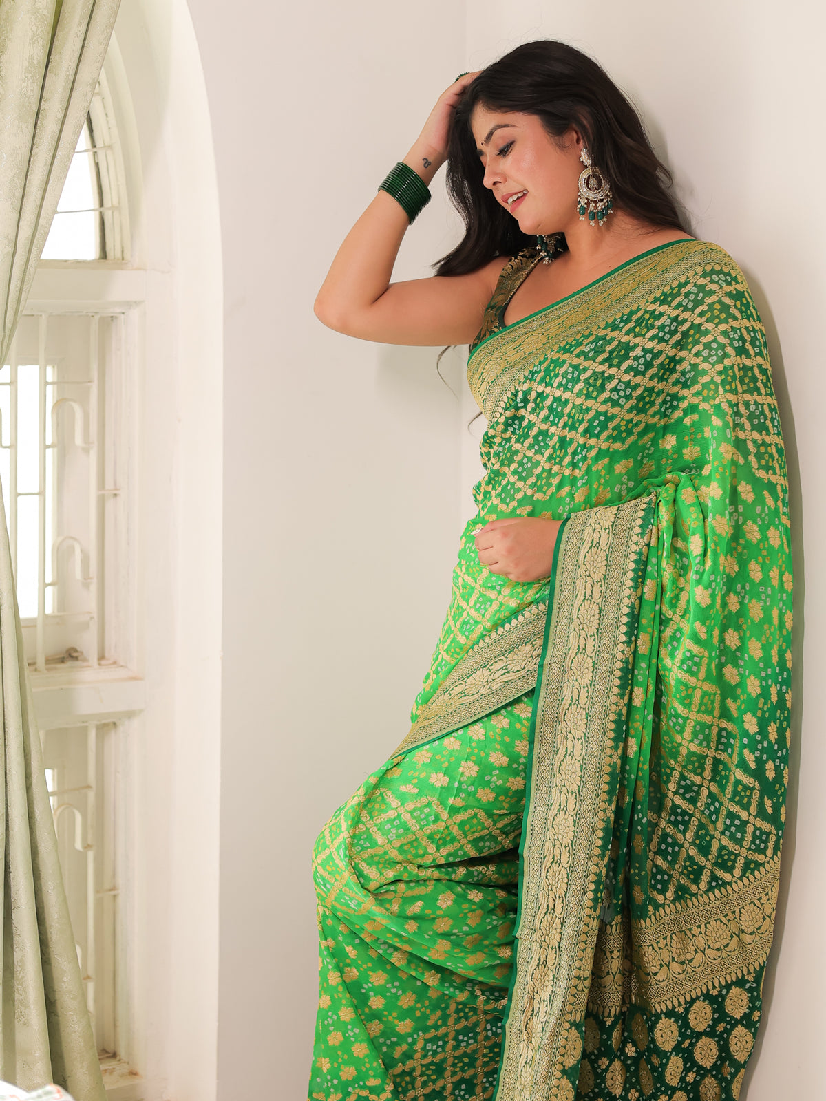Green handloom Pure Banarasi Georgette Bandhej Saree with Zari Jaal Weaving