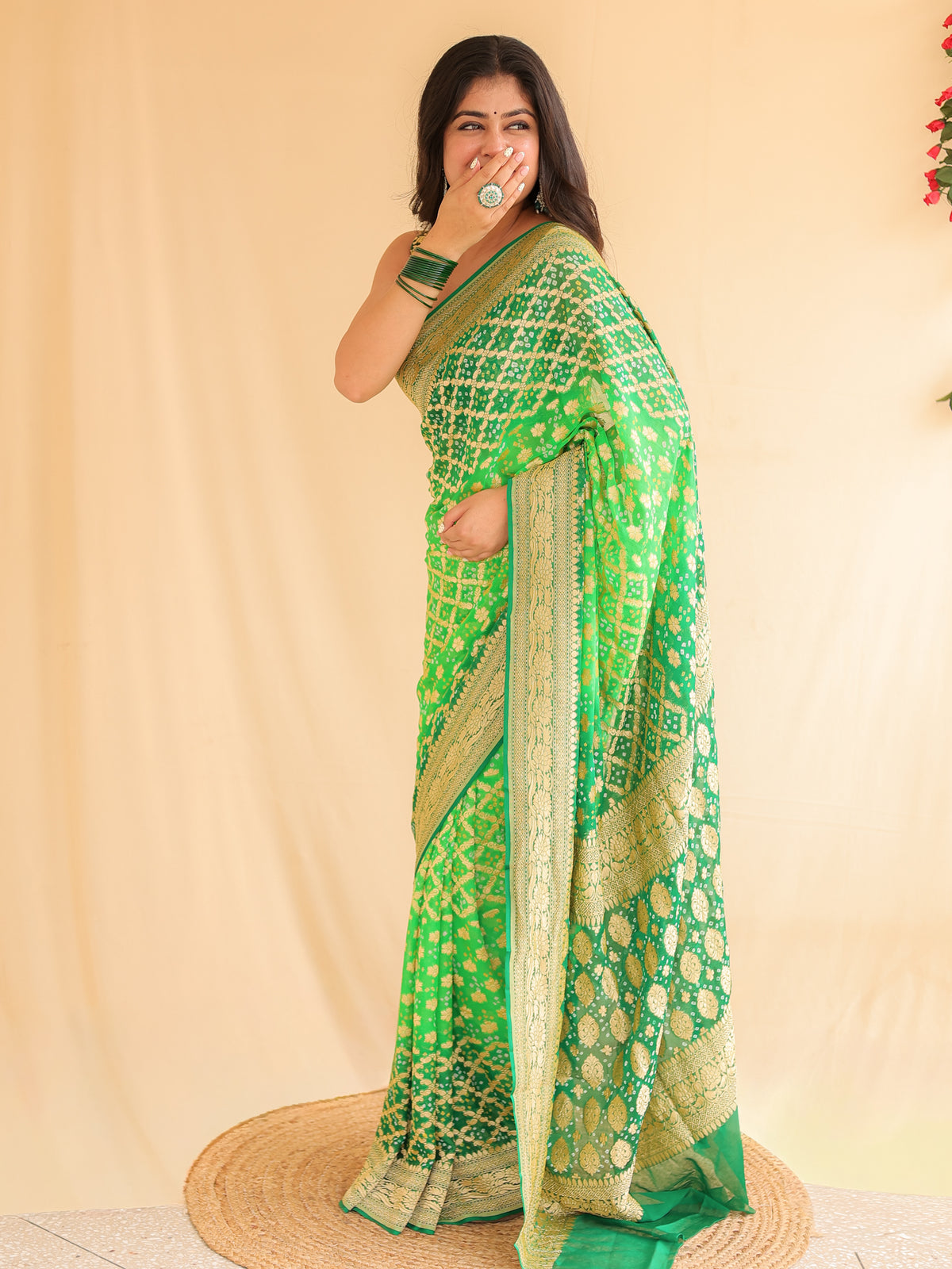 Green handloom Pure Banarasi Georgette Bandhej Saree with Zari Jaal Weaving