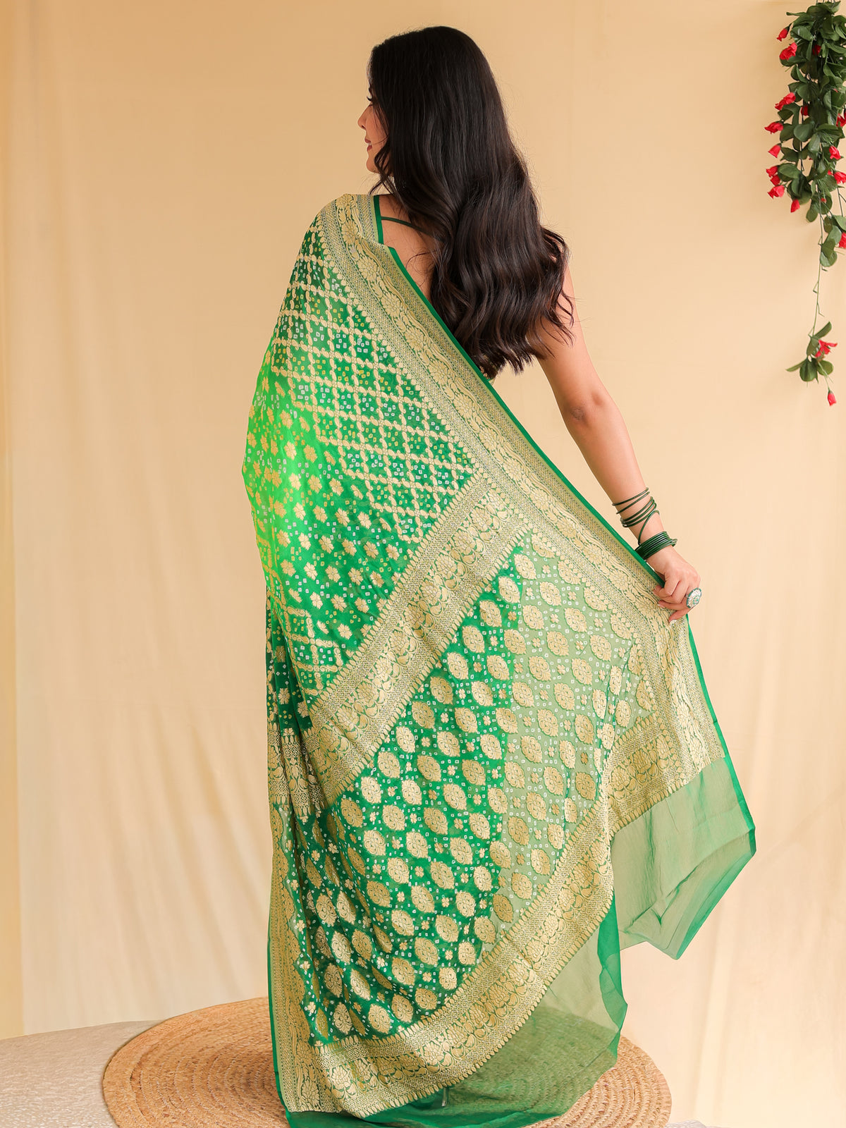Green handloom Pure Banarasi Georgette Bandhej Saree with Zari Jaal Weaving
