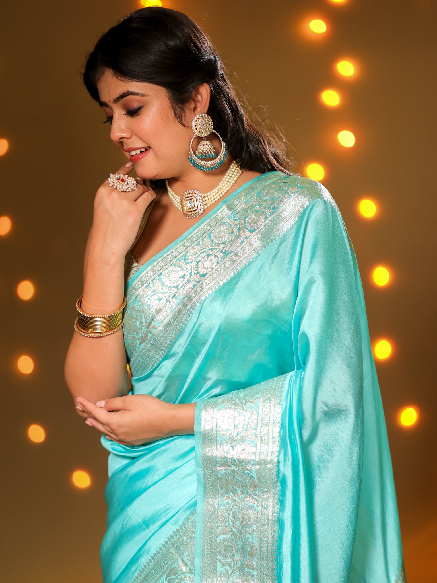 Banarasi Plain Silk Saree With Weaving- Aqua Blue
