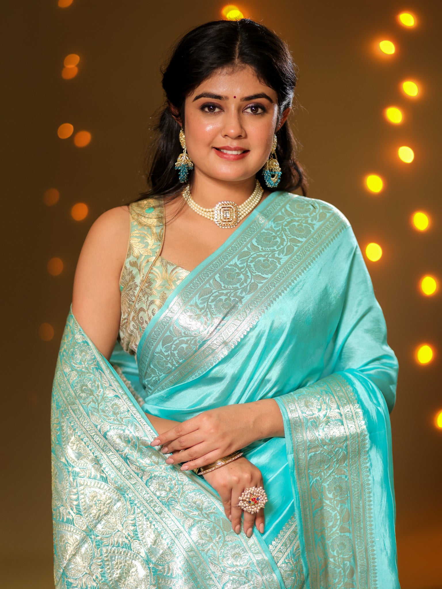 Banarasi Plain Silk Saree With Weaving- Aqua Blue