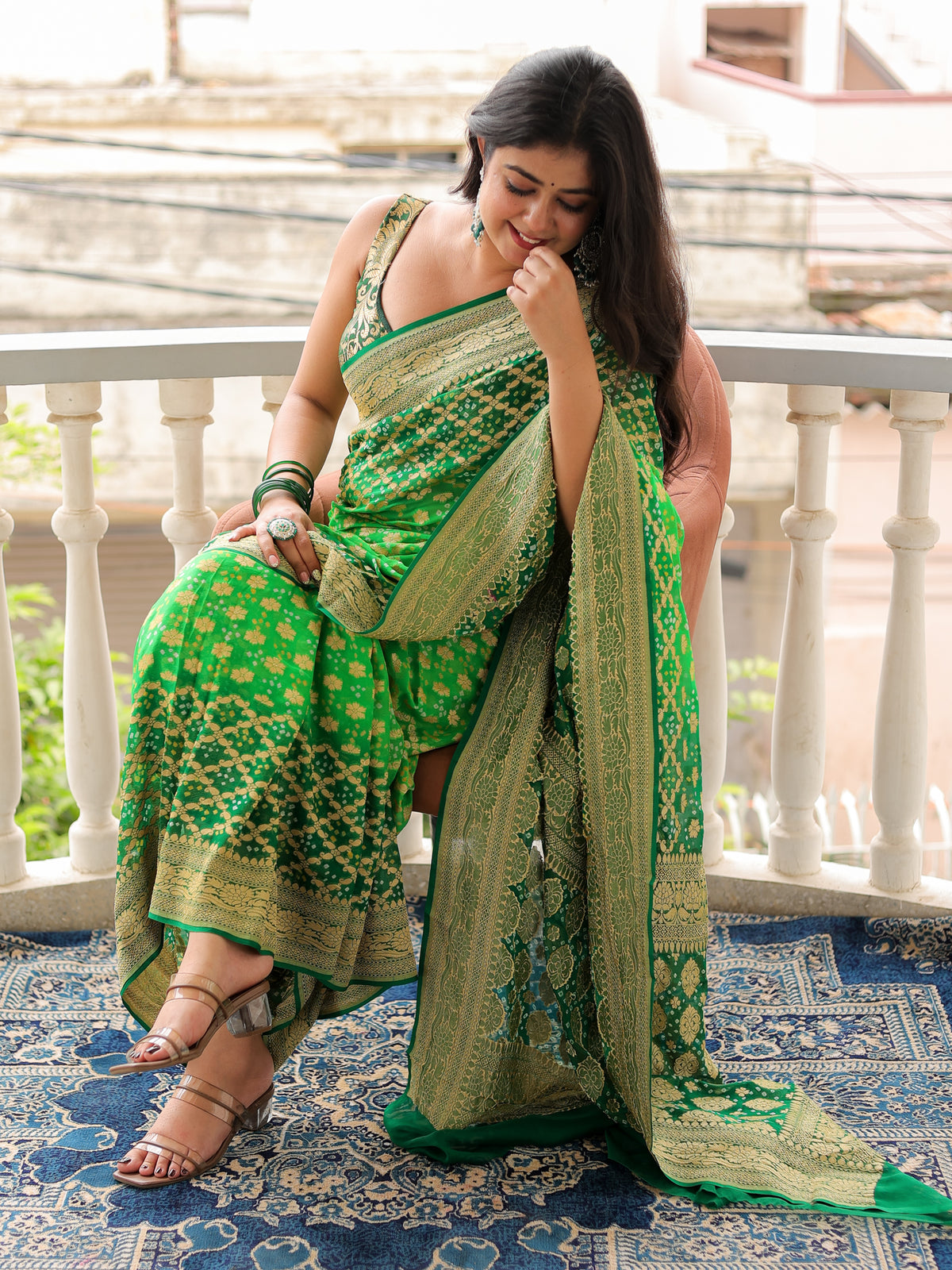Green handloom Pure Banarasi Georgette Bandhej Saree with Zari Jaal Weaving