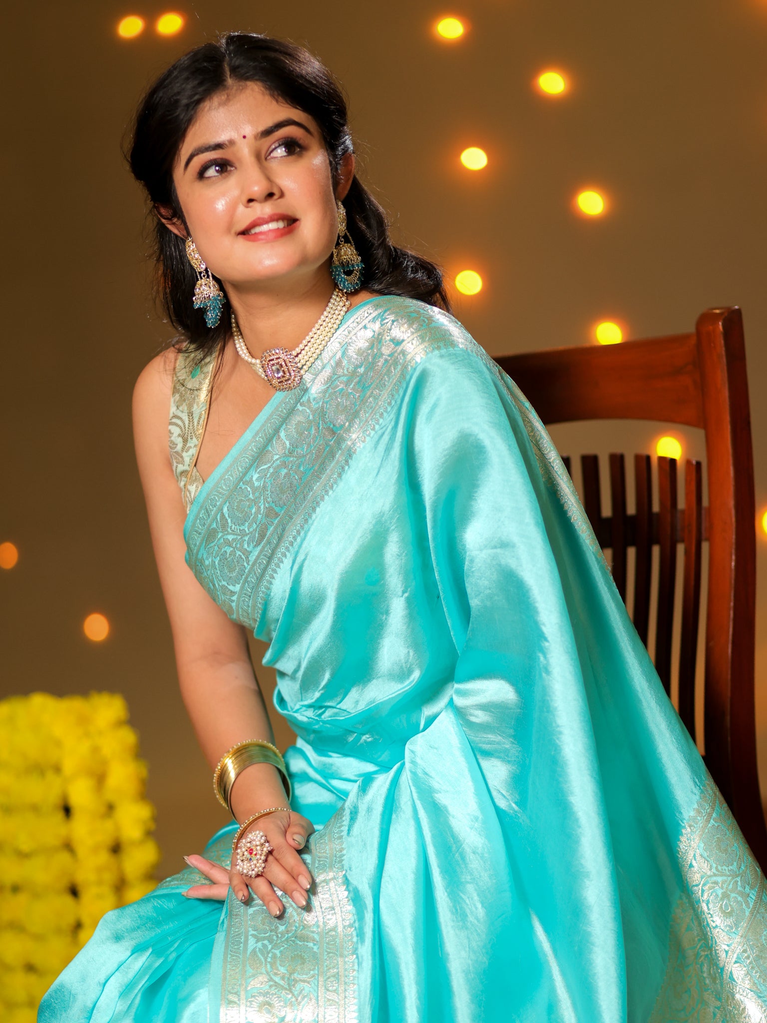 Banarasi Plain Silk Saree With Weaving- Aqua Blue