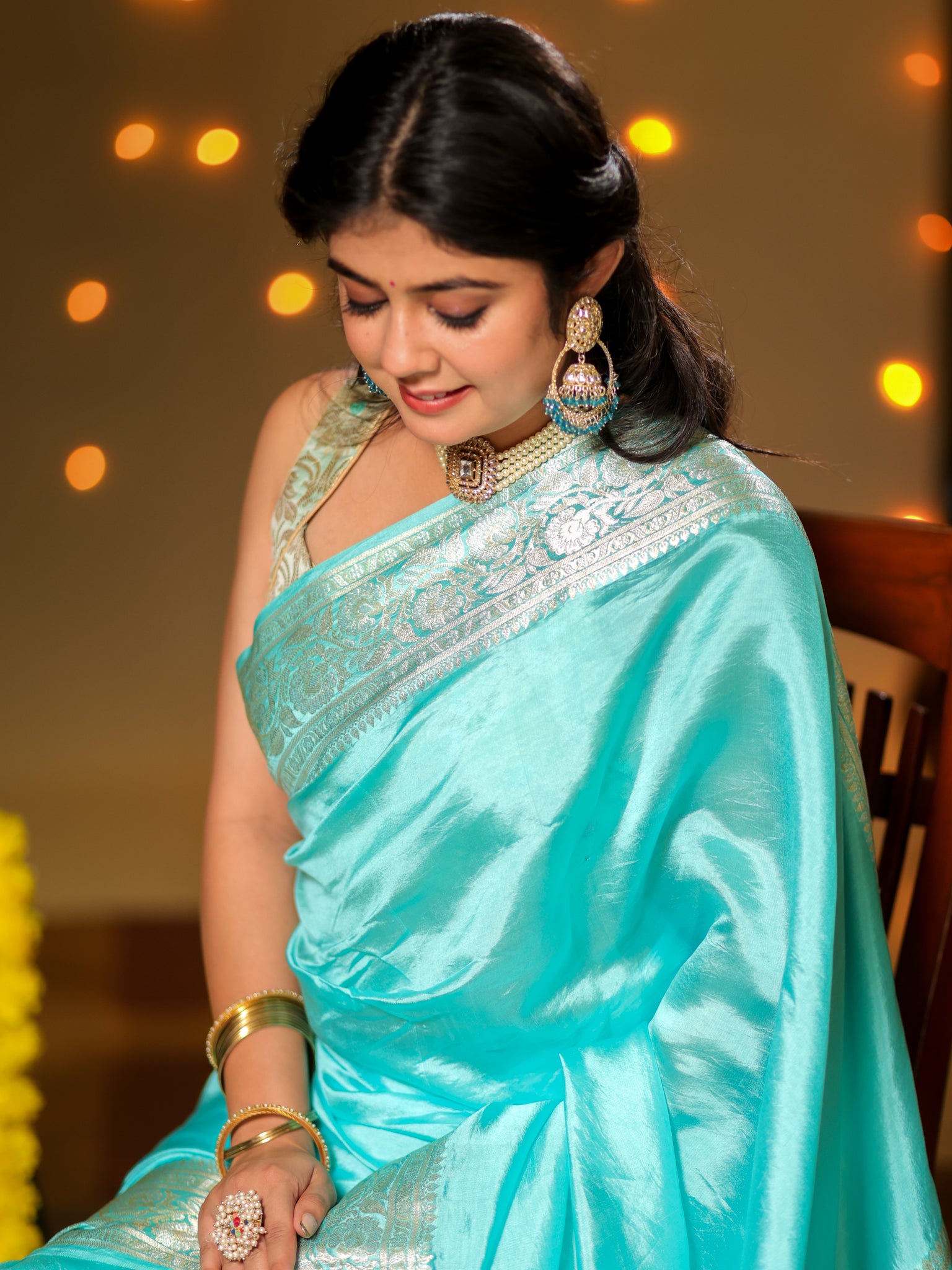 Banarasi Plain Silk Saree With Weaving- Aqua Blue