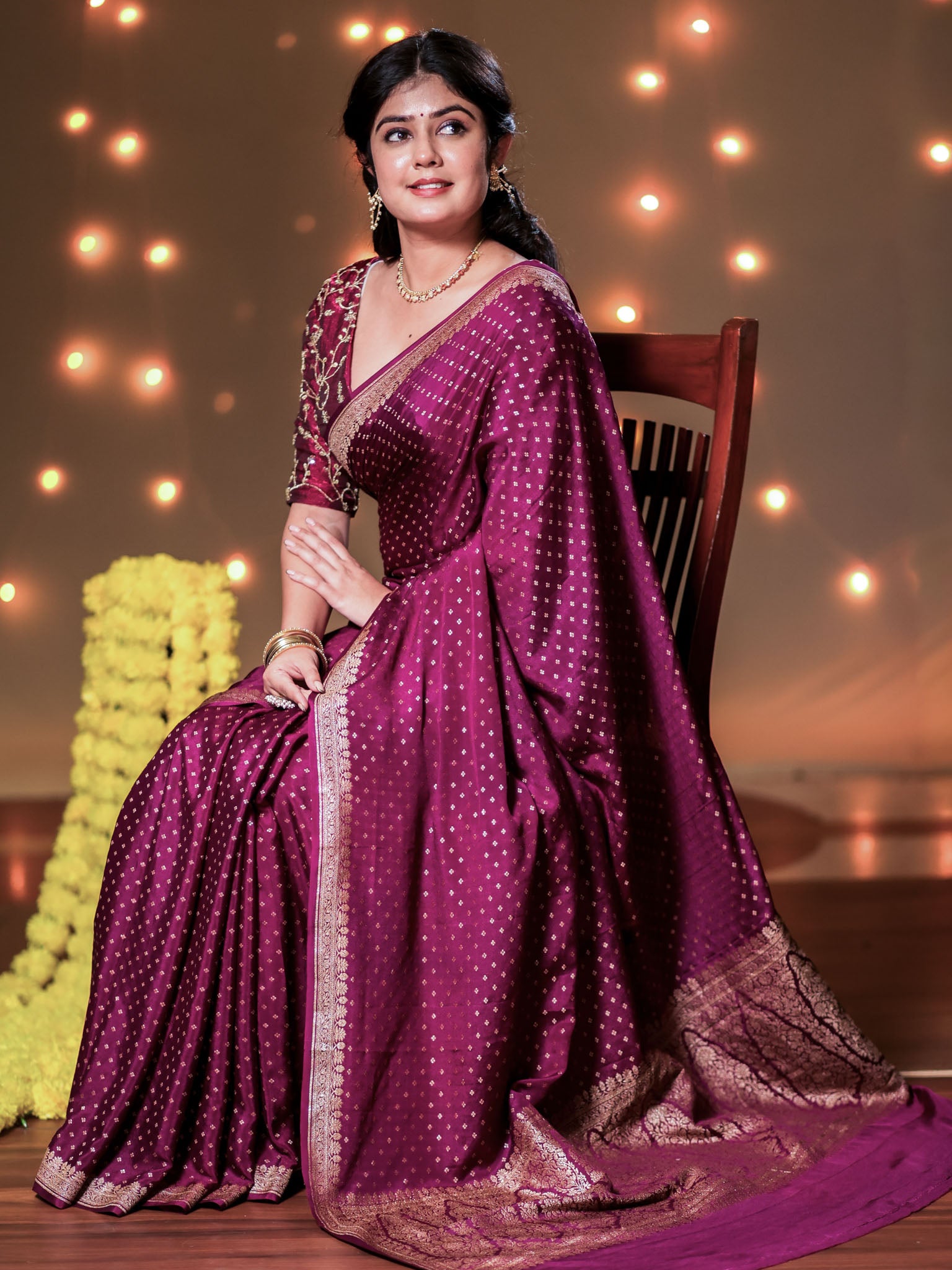 Banarasi Pure Khaddi Georgette Saree With Antique Zari Buti Weaving- Purple