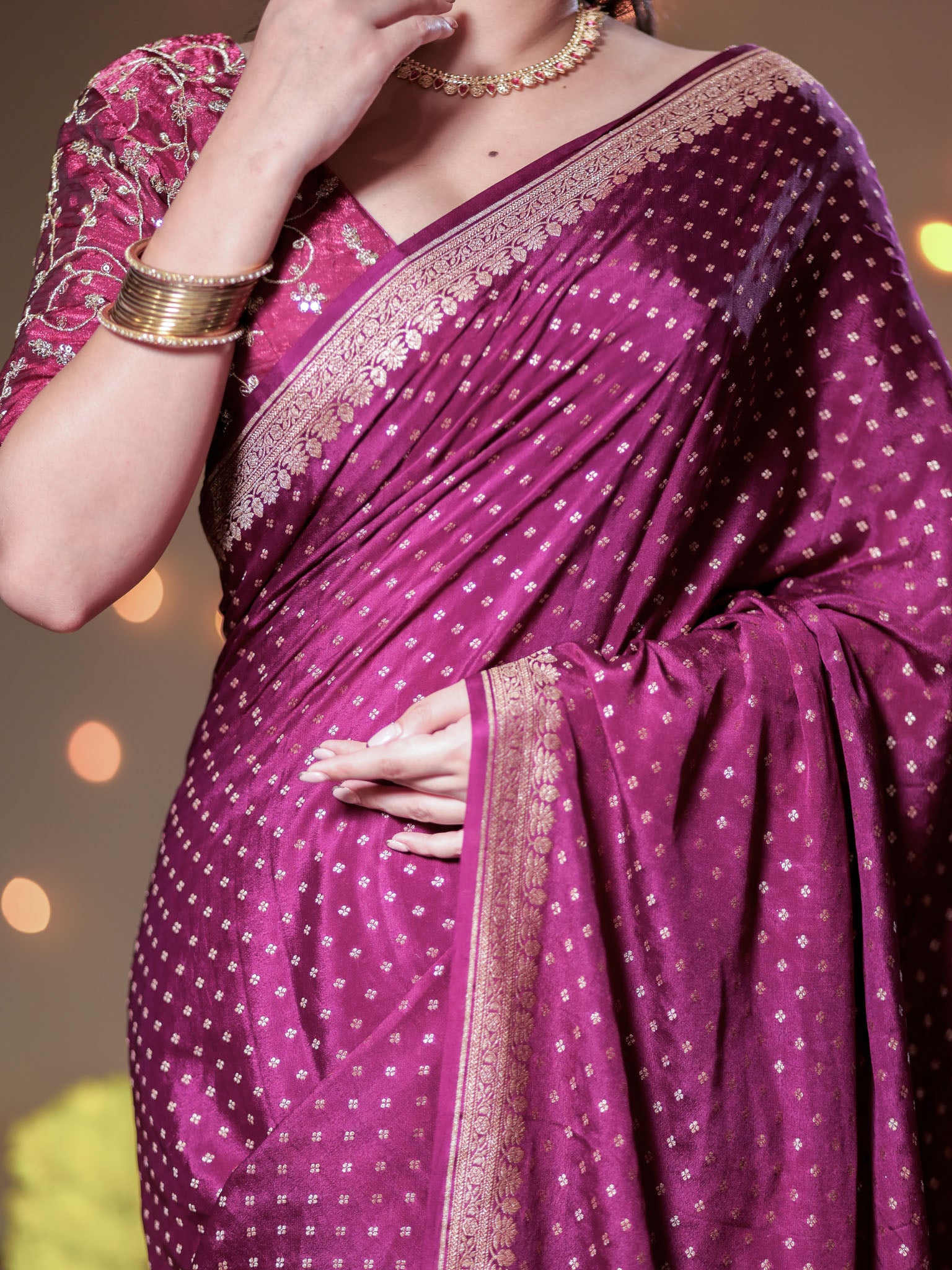 Banarasi Pure Khaddi Georgette Saree With Antique Zari Buti Weaving- Purple