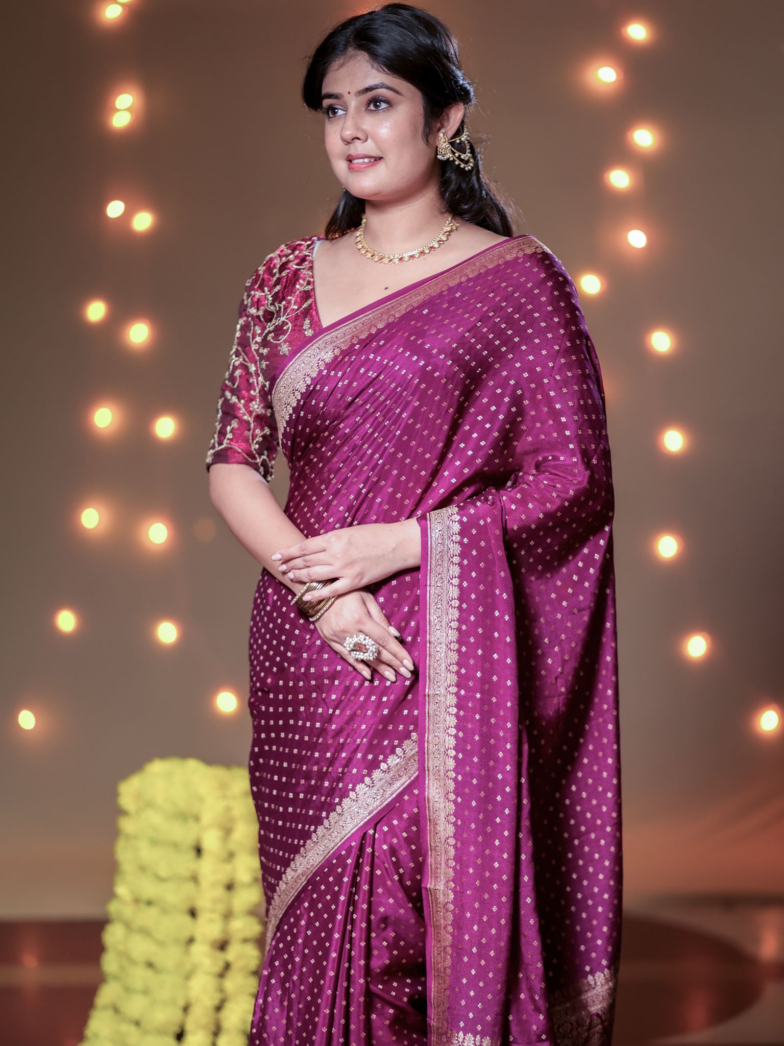 Banarasi Pure Khaddi Georgette Saree With Antique Zari Buti Weaving- Purple