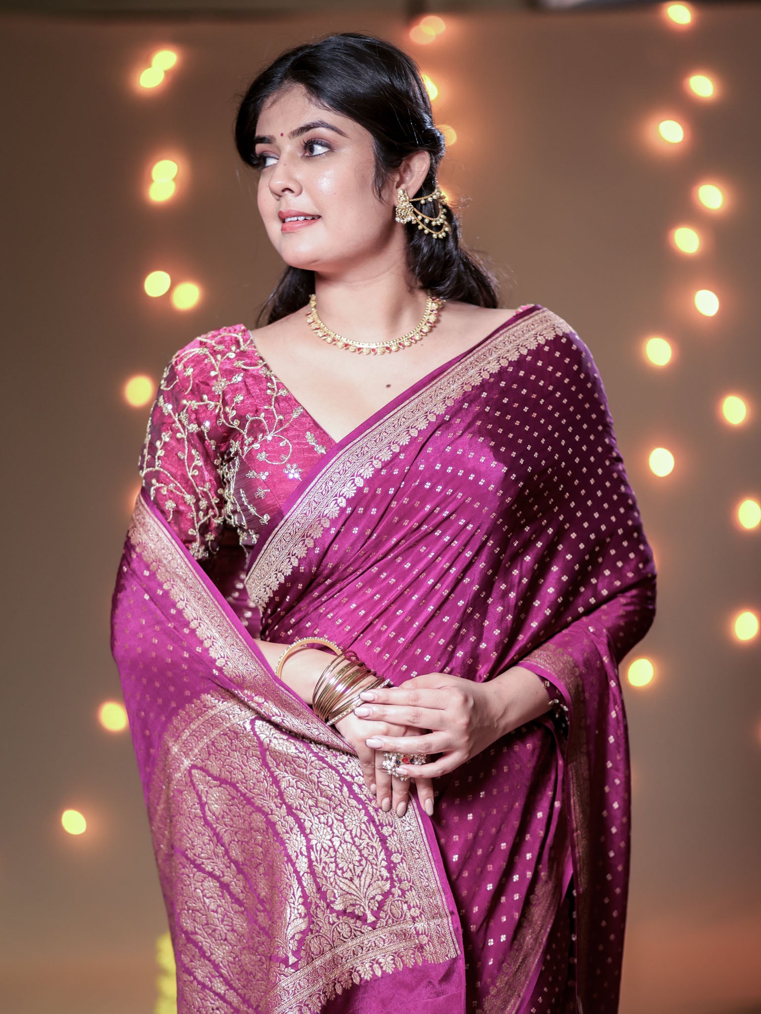 Banarasi Pure Khaddi Georgette Saree With Antique Zari Buti Weaving- Purple