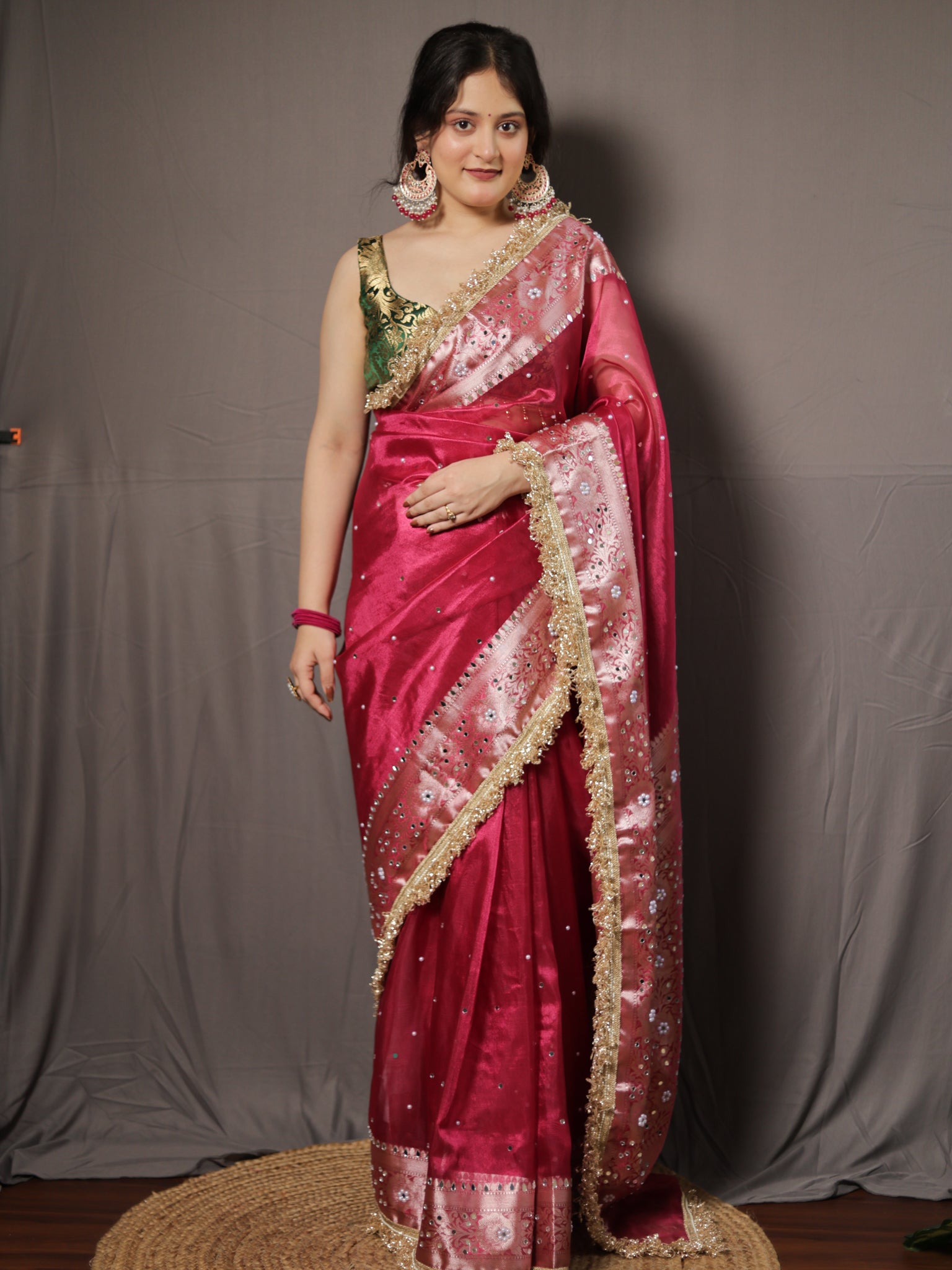 Banarasi Mirror Work Tissue Saree with Lace Border - Magenta