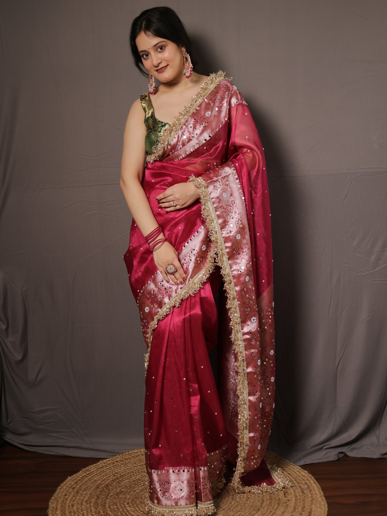 Banarasi Mirror Work Tissue Saree with Lace Border - Magenta
