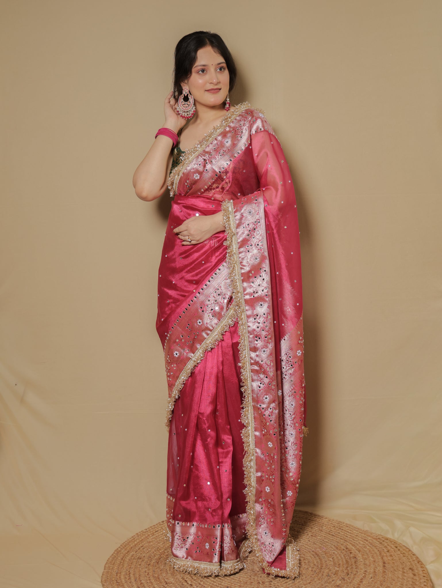 Banarasi Mirror Work Tissue Saree with Lace Border - Magenta
